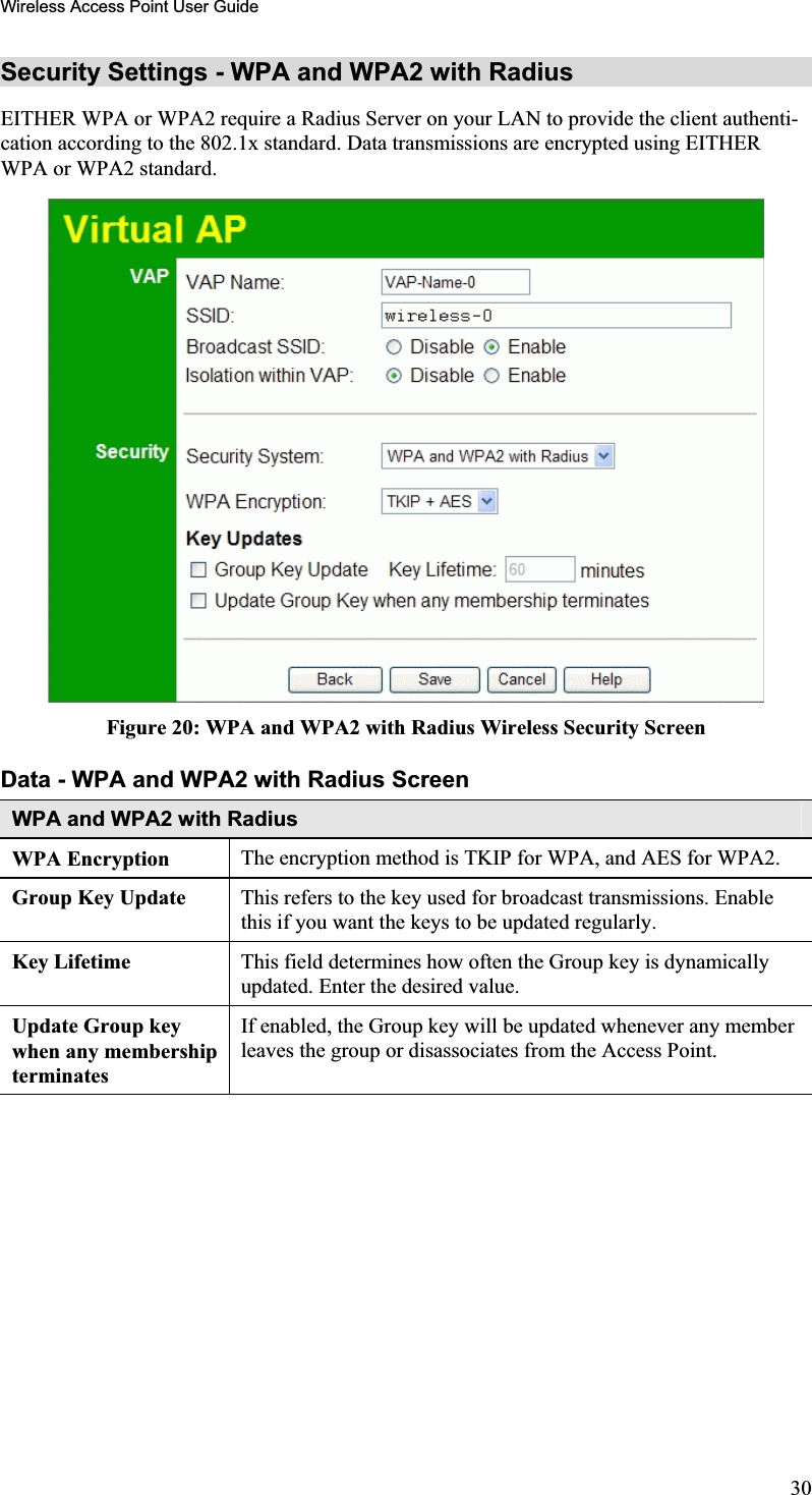 Wireless Access Point User GuideSecurity Settings - WPA and WPA2 with Radius EITHER WPA or WPA2 require a Radius Server on your LAN to provide the client authenti-cation according to the 802.1x standard. Data transmissions are encrypted using EITHER WPA or WPA2 standard.Figure 20: WPA and WPA2 with Radius Wireless Security Screen Data - WPA and WPA2 with Radius ScreenWPA and WPA2 with Radius WPA Encryption  The encryption method is TKIP for WPA, and AES for WPA2.Group Key Update  This refers to the key used for broadcast transmissions. Enablethis if you want the keys to be updated regularly.Key Lifetime  This field determines how often the Group key is dynamicallyupdated. Enter the desired value.Update Group key when any membership terminatesIf enabled, the Group key will be updated whenever any memberleaves the group or disassociates from the Access Point. 30