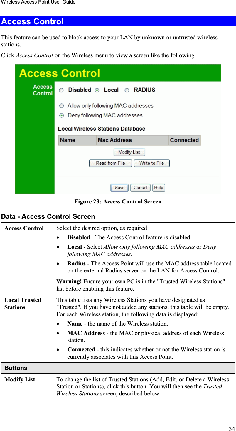 Wireless Access Point User GuideAccess Control This feature can be used to block access to your LAN by unknown or untrusted wireless stations.Click Access Control on the Wireless menu to view a screen like the following.Figure 23: Access Control Screen Data - Access Control Screen Access Control  Select the desired option, as requiredx Disabled - The Access Control feature is disabled.x Local - Select Allow only following MAC addresses or Denyfollowing MAC addresses.x Radius - The Access Point will use the MAC address table locatedon the external Radius server on the LAN for Access Control.Warning! Ensure your own PC is in the &quot;Trusted Wireless Stations&quot;list before enabling this feature.Local Trusted StationsThis table lists any Wireless Stations you have designated as &quot;Trusted&quot;. If you have not added any stations, this table will be empty.For each Wireless station, the following data is displayed: x Name - the name of the Wireless station.x MAC Address - the MAC or physical address of each Wirelessstation.x Connected - this indicates whether or not the Wireless station iscurrently associates with this Access Point.ButtonsModify List  To change the list of Trusted Stations (Add, Edit, or Delete a WirelessStation or Stations), click this button. You will then see the TrustedWireless Stations screen, described below.34