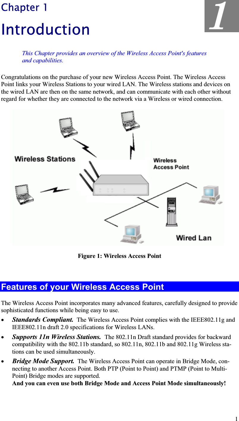1 Chapter 1 Introduction This Chapter provides an overview of the Wireless Access Point&apos;s features and capabilities. Congratulations on the purchase of your new Wireless Access Point. The Wireless Access Point links your Wireless Stations to your wired LAN. The Wireless stations and devices on the wired LAN are then on the same network, and can communicate with each other without regard for whether they are connected to the network via a Wireless or wired connection.Figure 1: Wireless Access Point Features of your Wireless Access Point The Wireless Access Point incorporates many advanced features, carefully designed to providesophisticated functions while being easy to use. x Standards Compliant.  The Wireless Access Point complies with the IEEE802.11g and IEEE802.11n draft 2.0 specifications for Wireless LANs. x Supports 11n Wireless Stations. The 802.11n Draft standard provides for backward compatibility with the 802.11b standard, so 802.11n, 802.11b and 802.11g Wireless sta-tions can be used simultaneously.x Bridge Mode Support.  The Wireless Access Point can operate in Bridge Mode, con-necting to another Access Point. Both PTP (Point to Point) and PTMP (Point to Multi-Point) Bridge modes are supported.And you can even use both Bridge Mode and Access Point Mode simultaneously!1