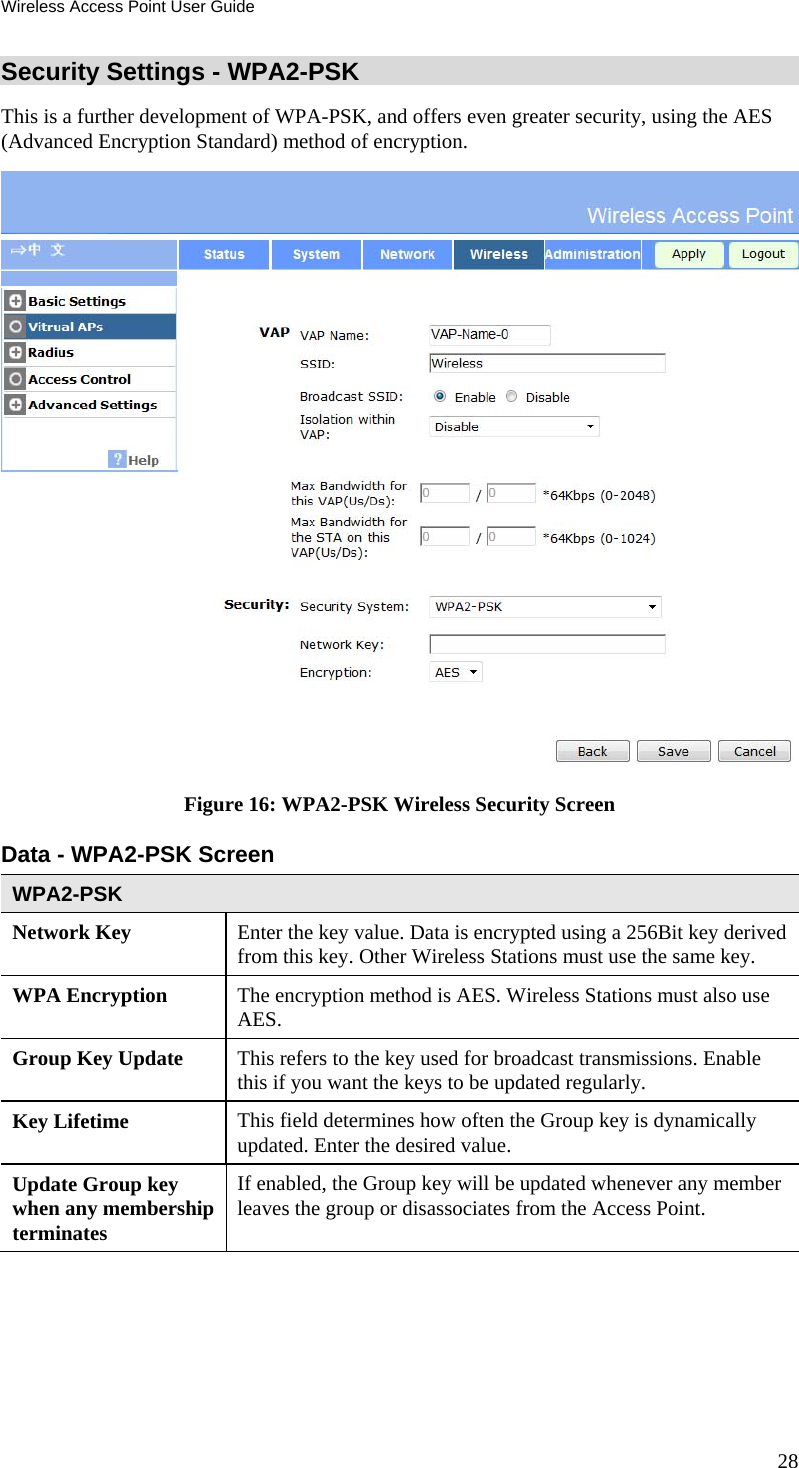 Wireless Access Point User Guide 28 Security Settings - WPA2-PSK This is a further development of WPA-PSK, and offers even greater security, using the AES (Advanced Encryption Standard) method of encryption.  Figure 16: WPA2-PSK Wireless Security Screen Data - WPA2-PSK Screen  WPA2-PSK Network Key  Enter the key value. Data is encrypted using a 256Bit key derived from this key. Other Wireless Stations must use the same key. WPA Encryption  The encryption method is AES. Wireless Stations must also use AES. Group Key Update  This refers to the key used for broadcast transmissions. Enable this if you want the keys to be updated regularly. Key Lifetime  This field determines how often the Group key is dynamically updated. Enter the desired value. Update Group key when any membership terminates If enabled, the Group key will be updated whenever any member leaves the group or disassociates from the Access Point. 