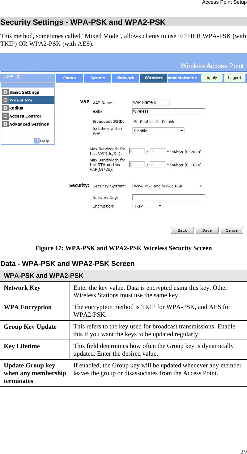 Access Point Setup 29 Security Settings - WPA-PSK and WPA2-PSK This method, sometimes called &quot;Mixed Mode&quot;, allows clients to use EITHER WPA-PSK (with TKIP) OR WPA2-PSK (with AES).  Figure 17: WPA-PSK and WPA2-PSK Wireless Security Screen Data - WPA-PSK and WPA2-PSK Screen  WPA-PSK and WPA2-PSK Network Key  Enter the key value. Data is encrypted using this key. Other Wireless Stations must use the same key. WPA Encryption  The encryption method is TKIP for WPA-PSK, and AES for WPA2-PSK. Group Key Update  This refers to the key used for broadcast transmissions. Enable this if you want the keys to be updated regularly. Key Lifetime  This field determines how often the Group key is dynamically updated. Enter the desired value. Update Group key when any membership terminates If enabled, the Group key will be updated whenever any member leaves the group or disassociates from the Access Point. 
