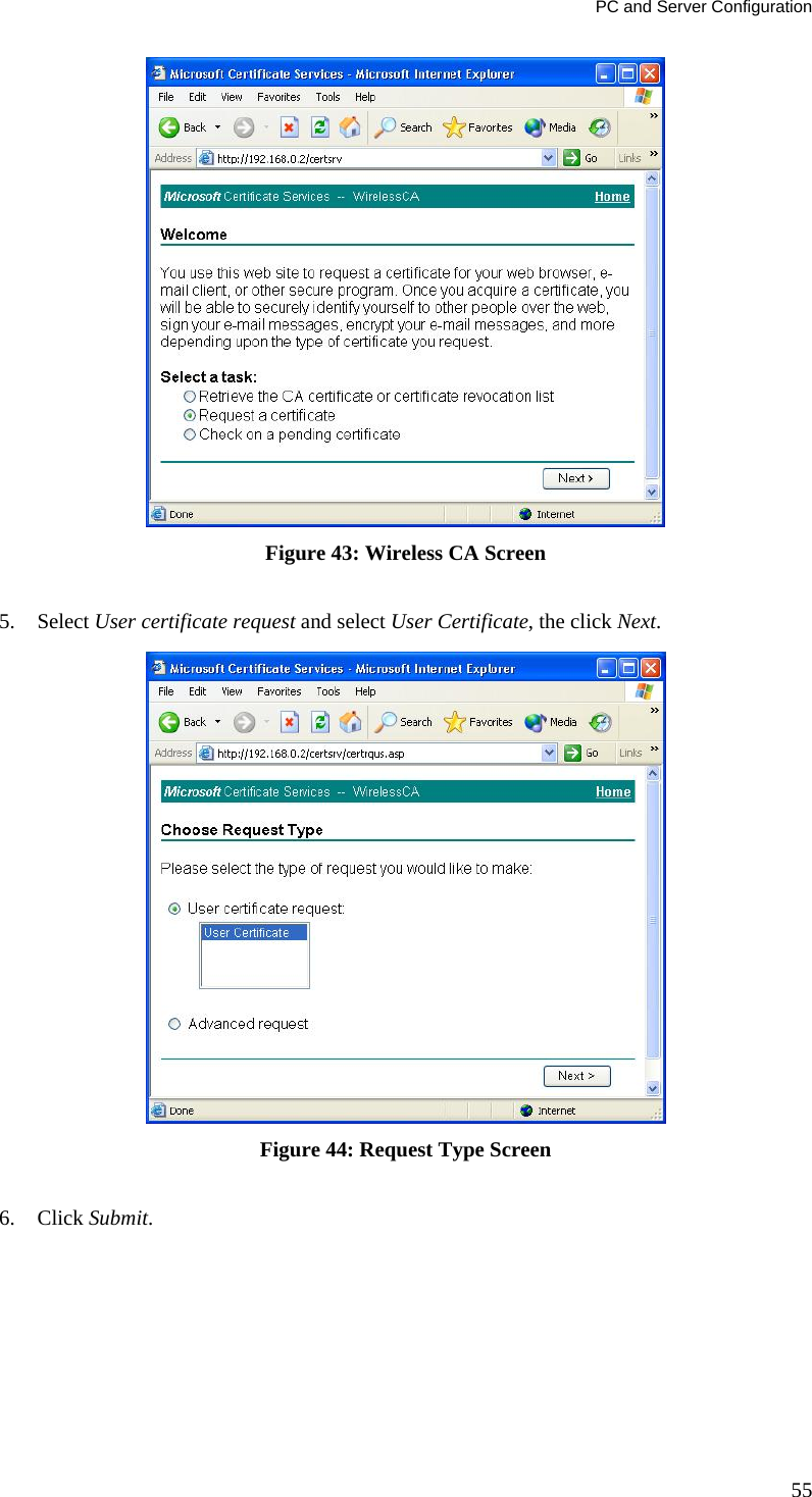 PC and Server Configuration 55  Figure 43: Wireless CA Screen  5. Select User certificate request and select User Certificate, the click Next.   Figure 44: Request Type Screen  6. Click Submit.  