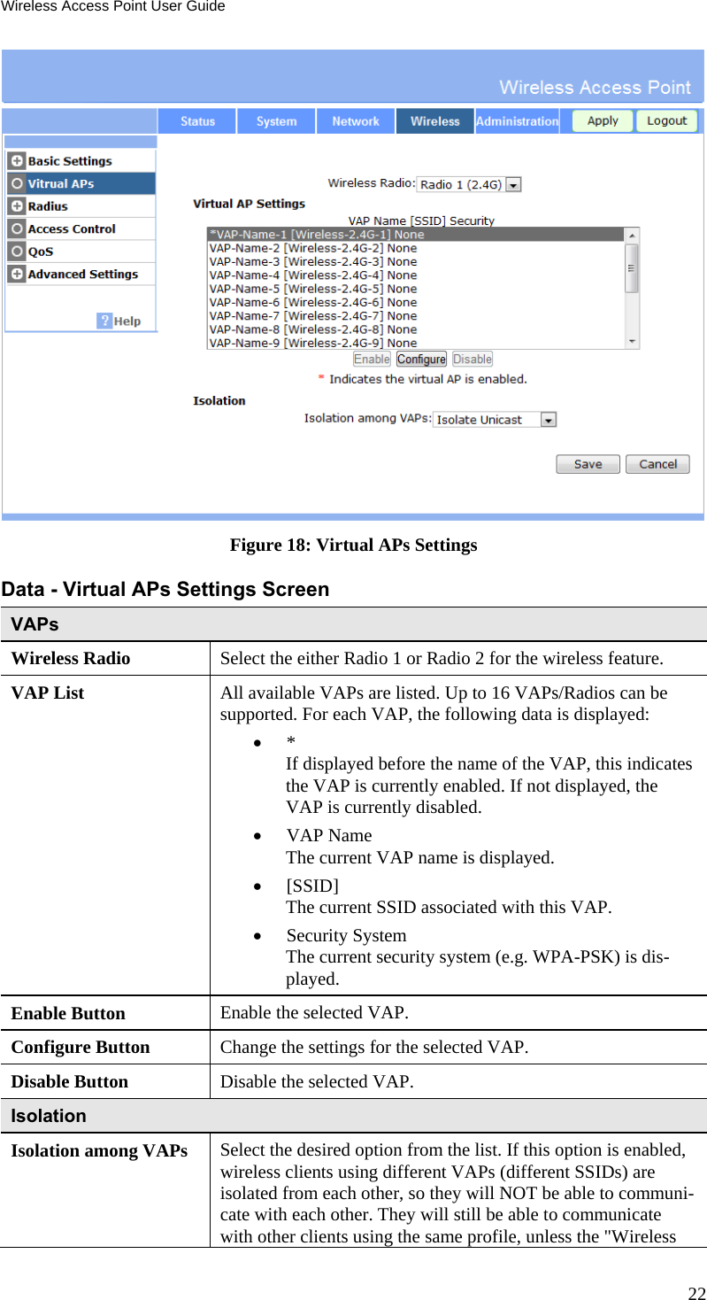 Wireless Access Point User Guide 22  Figure 18: Virtual APs Settings  Data - Virtual APs Settings Screen  VAPs Wireless Radio   Select the either Radio 1 or Radio 2 for the wireless feature. VAP List  All available VAPs are listed. Up to 16 VAPs/Radios can be supported. For each VAP, the following data is displayed:  * If displayed before the name of the VAP, this indicates the VAP is currently enabled. If not displayed, the VAP is currently disabled.  VAP Name  The current VAP name is displayed.   [SSID]  The current SSID associated with this VAP.   Security System  The current security system (e.g. WPA-PSK) is dis-played. Enable Button  Enable the selected VAP. Configure Button  Change the settings for the selected VAP. Disable Button  Disable the selected VAP. Isolation Isolation among VAPs   Select the desired option from the list. If this option is enabled, wireless clients using different VAPs (different SSIDs) are isolated from each other, so they will NOT be able to communi-cate with each other. They will still be able to communicate with other clients using the same profile, unless the &quot;Wireless 