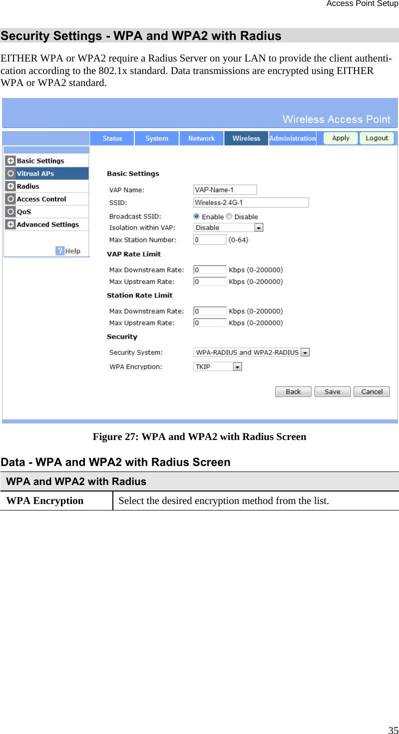 Access Point Setup 35 Security Settings - WPA and WPA2 with Radius EITHER WPA or WPA2 require a Radius Server on your LAN to provide the client authenti-cation according to the 802.1x standard. Data transmissions are encrypted using EITHER WPA or WPA2 standard.  Figure 27: WPA and WPA2 with Radius Screen Data - WPA and WPA2 with Radius Screen  WPA and WPA2 with Radius WPA Encryption  Select the desired encryption method from the list.   