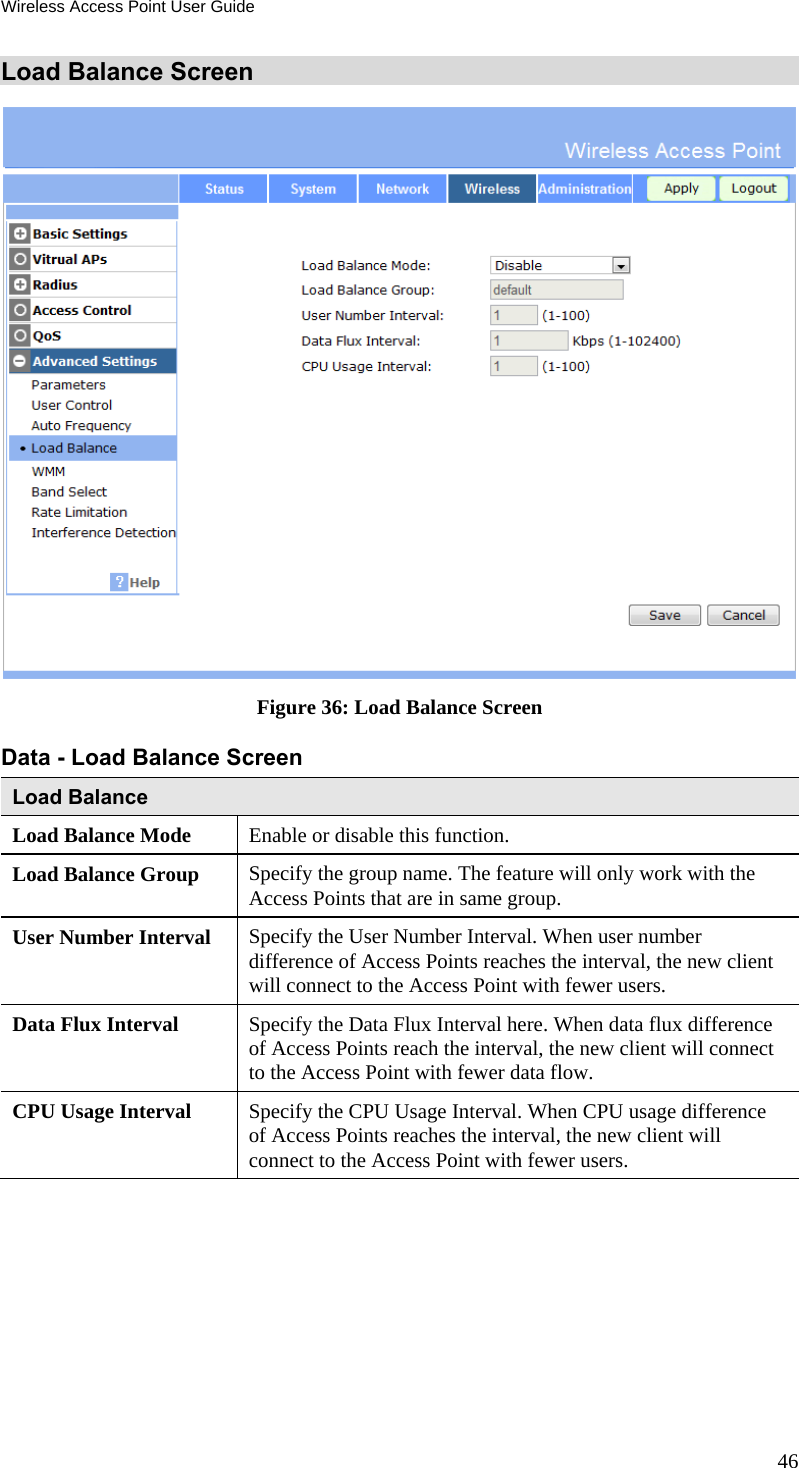 Wireless Access Point User Guide 46 Load Balance Screen  Figure 36: Load Balance Screen Data - Load Balance Screen  Load Balance Load Balance Mode  Enable or disable this function. Load Balance Group  Specify the group name. The feature will only work with the Access Points that are in same group. User Number Interval  Specify the User Number Interval. When user number  difference of Access Points reaches the interval, the new client will connect to the Access Point with fewer users. Data Flux Interval  Specify the Data Flux Interval here. When data flux difference of Access Points reach the interval, the new client will connect to the Access Point with fewer data flow. CPU Usage Interval  Specify the CPU Usage Interval. When CPU usage difference of Access Points reaches the interval, the new client will  connect to the Access Point with fewer users.  