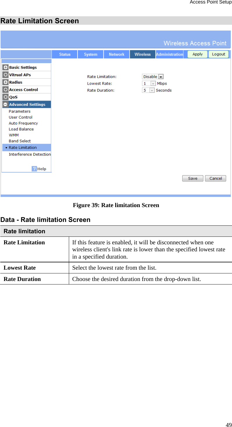 Access Point Setup 49 Rate Limitation Screen  Figure 39: Rate limitation Screen Data - Rate limitation Screen  Rate limitation Rate Limitation  If this feature is enabled, it will be disconnected when one wireless client&apos;s link rate is lower than the specified lowest rate in a specified duration. Lowest Rate  Select the lowest rate from the list. Rate Duration  Choose the desired duration from the drop-down list.   