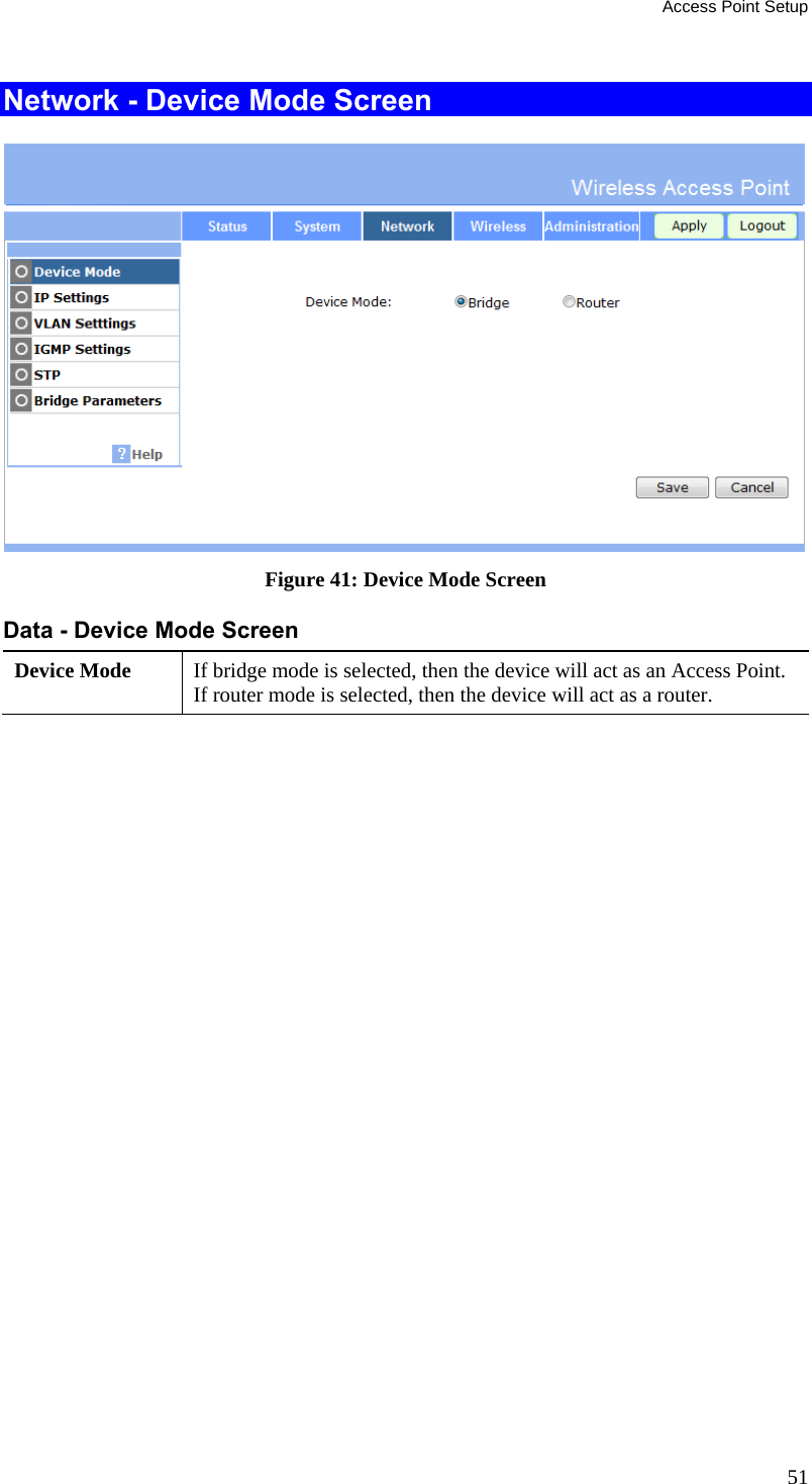Access Point Setup 51 Network - Device Mode Screen  Figure 41: Device Mode Screen Data - Device Mode Screen Device Mode   If bridge mode is selected, then the device will act as an Access Point. If router mode is selected, then the device will act as a router.  