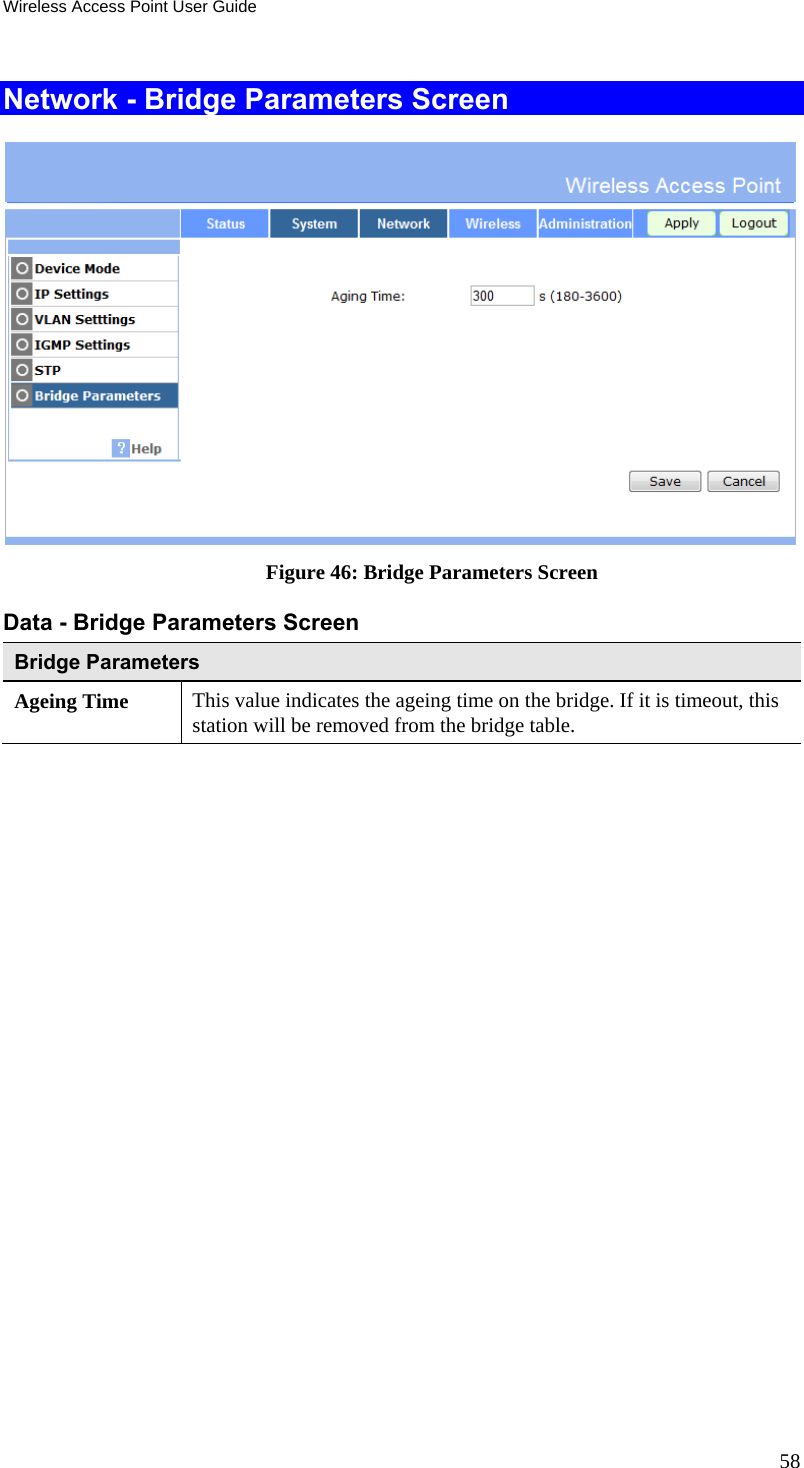 Wireless Access Point User Guide 58 Network - Bridge Parameters Screen  Figure 46: Bridge Parameters Screen Data - Bridge Parameters Screen Bridge Parameters Ageing Time  This value indicates the ageing time on the bridge. If it is timeout, this station will be removed from the bridge table.   