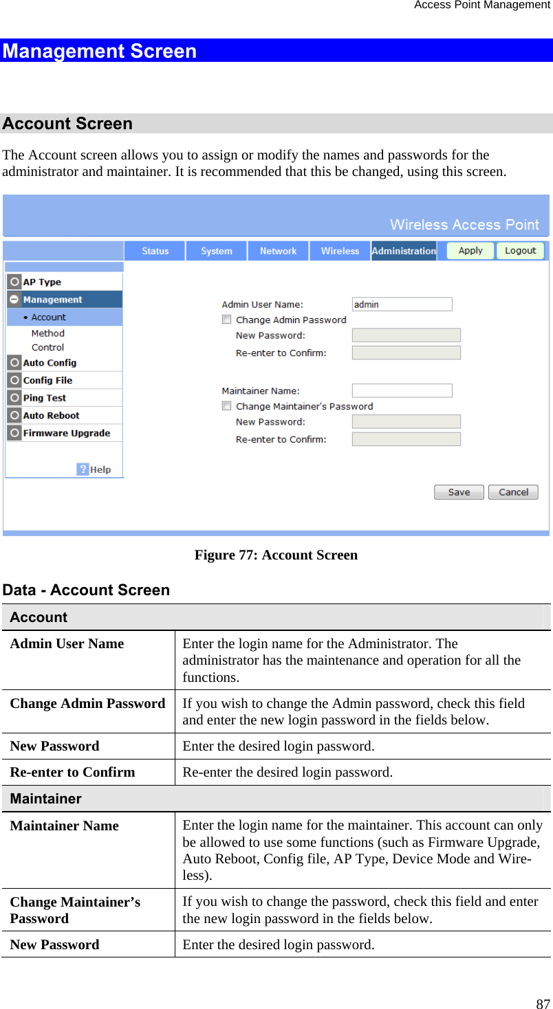 Access Point Management 87 Management Screen  Account Screen The Account screen allows you to assign or modify the names and passwords for the  administrator and maintainer. It is recommended that this be changed, using this screen.  Figure 77: Account Screen Data - Account Screen Account Admin User Name  Enter the login name for the Administrator. The  administrator has the maintenance and operation for all the functions. Change Admin Password  If you wish to change the Admin password, check this field and enter the new login password in the fields below. New Password  Enter the desired login password. Re-enter to Confirm  Re-enter the desired login password. Maintainer  Maintainer Name  Enter the login name for the maintainer. This account can only be allowed to use some functions (such as Firmware Upgrade, Auto Reboot, Config file, AP Type, Device Mode and Wire-less). Change Maintainer’s Password  If you wish to change the password, check this field and enter the new login password in the fields below. New Password  Enter the desired login password. 
