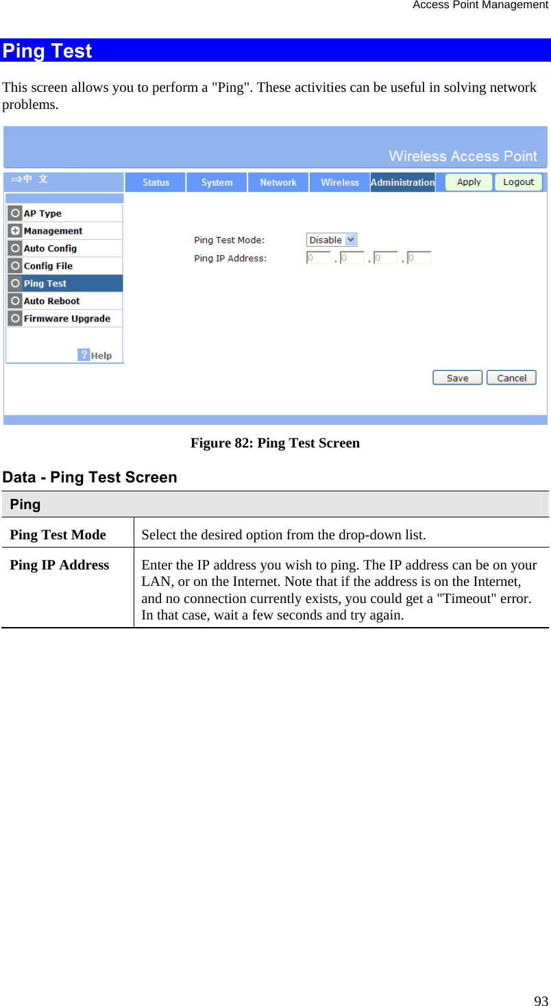Access Point Management 93 Ping Test This screen allows you to perform a &quot;Ping&quot;. These activities can be useful in solving network problems.  Figure 82: Ping Test Screen Data - Ping Test Screen Ping Ping Test Mode  Select the desired option from the drop-down list. Ping IP Address  Enter the IP address you wish to ping. The IP address can be on your LAN, or on the Internet. Note that if the address is on the Internet, and no connection currently exists, you could get a &quot;Timeout&quot; error. In that case, wait a few seconds and try again.  