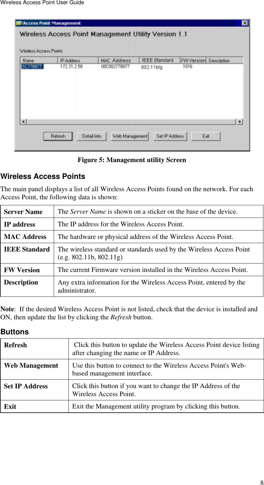 Wireless Access Point User Guide 8  Figure 5: Management utility Screen Wireless Access Points The main panel displays a list of all Wireless Access Points found on the network. For each Access Point, the following data is shown: Server Name The Server Name is shown on a sticker on the base of the device. IP address  The IP address for the Wireless Access Point. MAC Address The hardware or physical address of the Wireless Access Point. IEEE Standard The wireless standard or standards used by the Wireless Access Point (e.g. 802.11b, 802.11g) FW Version The current Firmware version installed in the Wireless Access Point. Description Any extra information for the Wireless Access Point, entered by the administrator. Note:  If the desired Wireless Access Point is not listed, check that the device is installed and ON, then update the list by clicking the Refresh button. Buttons Refresh  Click this button to update the Wireless Access Point device listing after changing the name or IP Address. Web Management Use this button to connect to the Wireless Access Point&apos;s Web-based management interface. Set IP Address Click this button if you want to change the IP Address of the Wireless Access Point. Exit Exit the Management utility program by clicking this button. 