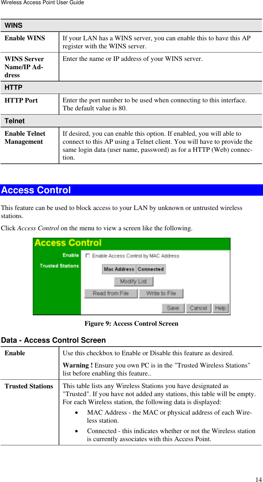 Wireless Access Point User Guide 14 WINS Enable WINS  If your LAN has a WINS server, you can enable this to have this AP register with the WINS server. WINS Server Name/IP Ad-dress Enter the name or IP address of your WINS server. HTTP HTTP Port  Enter the port number to be used when connecting to this interface. The default value is 80. Telnet Enable Telnet Management  If desired, you can enable this option. If enabled, you will able to connect to this AP using a Telnet client. You will have to provide the same login data (user name, password) as for a HTTP (Web) connec-tion.  Access Control This feature can be used to block access to your LAN by unknown or untrusted wireless stations. Click Access Control on the menu to view a screen like the following.  Figure 9: Access Control Screen Data - Access Control Screen Enable  Use this checkbox to Enable or Disable this feature as desired. Warning ! Ensure you own PC is in the &quot;Trusted Wireless Stations&quot; list before enabling this feature.. Trusted Stations This table lists any Wireless Stations you have designated as &quot;Trusted&quot;. If you have not added any stations, this table will be empty. For each Wireless station, the following data is displayed: •  MAC Address - the MAC or physical address of each Wire-less station. •  Connected - this indicates whether or not the Wireless station is currently associates with this Access Point. 