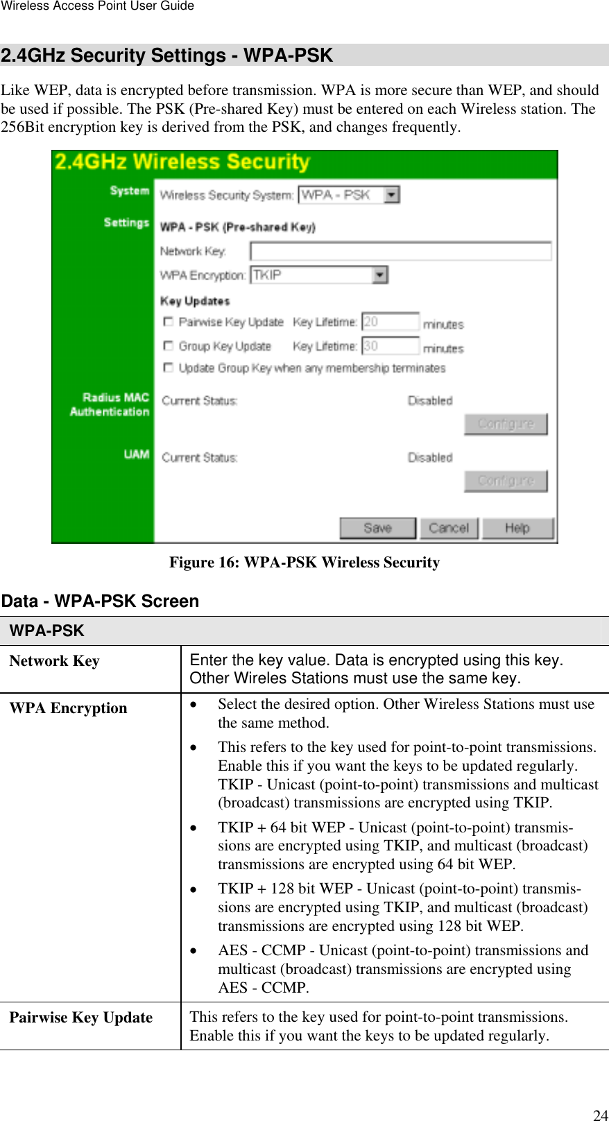Wireless Access Point User Guide 24 2.4GHz Security Settings - WPA-PSK Like WEP, data is encrypted before transmission. WPA is more secure than WEP, and should be used if possible. The PSK (Pre-shared Key) must be entered on each Wireless station. The 256Bit encryption key is derived from the PSK, and changes frequently.  Figure 16: WPA-PSK Wireless Security Data - WPA-PSK Screen  WPA-PSK Network Key  Enter the key value. Data is encrypted using this key. Other Wireles Stations must use the same key. WPA Encryption  •  Select the desired option. Other Wireless Stations must use the same method. •  This refers to the key used for point-to-point transmissions. Enable this if you want the keys to be updated regularly. TKIP - Unicast (point-to-point) transmissions and multicast (broadcast) transmissions are encrypted using TKIP.  •  TKIP + 64 bit WEP - Unicast (point-to-point) transmis-sions are encrypted using TKIP, and multicast (broadcast) transmissions are encrypted using 64 bit WEP.  •  TKIP + 128 bit WEP - Unicast (point-to-point) transmis-sions are encrypted using TKIP, and multicast (broadcast) transmissions are encrypted using 128 bit WEP.  •  AES - CCMP - Unicast (point-to-point) transmissions and multicast (broadcast) transmissions are encrypted using AES - CCMP. Pairwise Key Update  This refers to the key used for point-to-point transmissions. Enable this if you want the keys to be updated regularly. 