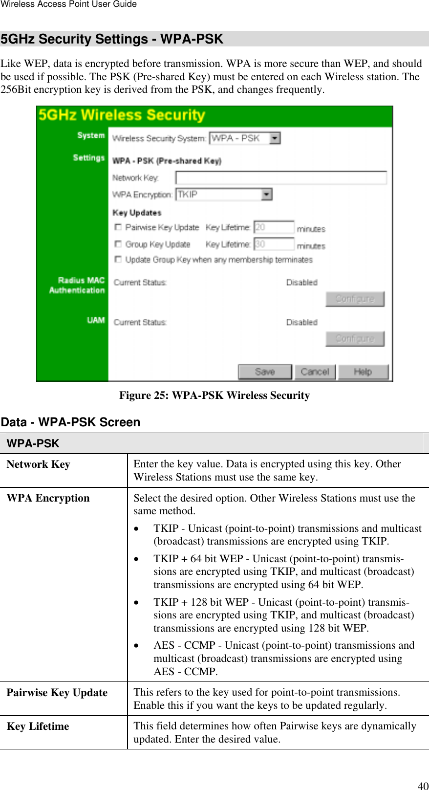 Wireless Access Point User Guide 40 5GHz Security Settings - WPA-PSK Like WEP, data is encrypted before transmission. WPA is more secure than WEP, and should be used if possible. The PSK (Pre-shared Key) must be entered on each Wireless station. The 256Bit encryption key is derived from the PSK, and changes frequently.  Figure 25: WPA-PSK Wireless Security Data - WPA-PSK Screen  WPA-PSK Network Key  Enter the key value. Data is encrypted using this key. Other Wireless Stations must use the same key. WPA Encryption  Select the desired option. Other Wireless Stations must use the same method.  •  TKIP - Unicast (point-to-point) transmissions and multicast (broadcast) transmissions are encrypted using TKIP.  •  TKIP + 64 bit WEP - Unicast (point-to-point) transmis-sions are encrypted using TKIP, and multicast (broadcast) transmissions are encrypted using 64 bit WEP.  •  TKIP + 128 bit WEP - Unicast (point-to-point) transmis-sions are encrypted using TKIP, and multicast (broadcast) transmissions are encrypted using 128 bit WEP.  •  AES - CCMP - Unicast (point-to-point) transmissions and multicast (broadcast) transmissions are encrypted using AES - CCMP.  Pairwise Key Update  This refers to the key used for point-to-point transmissions. Enable this if you want the keys to be updated regularly. Key Lifetime  This field determines how often Pairwise keys are dynamically updated. Enter the desired value. 