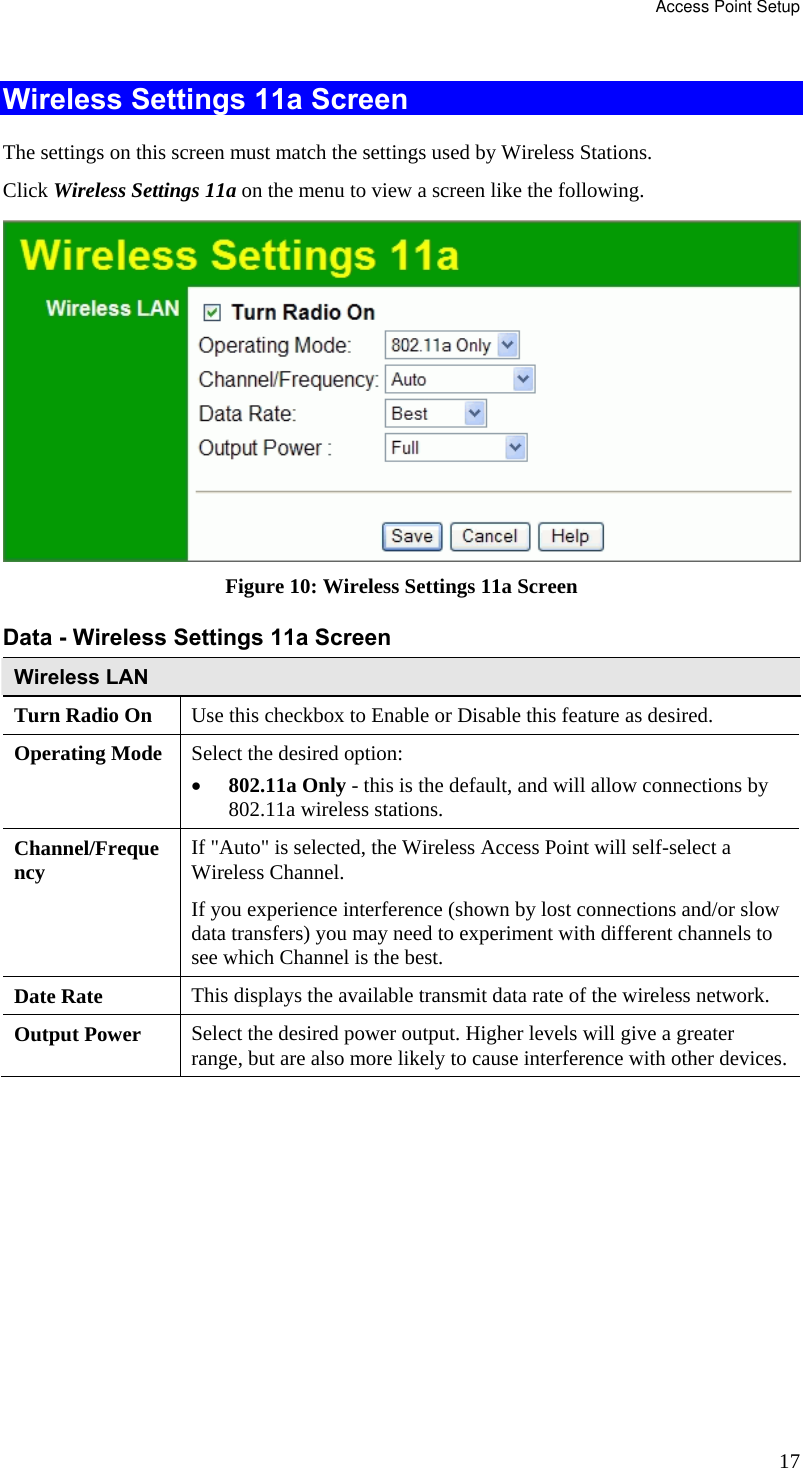 Access Point Setup 17 Wireless Settings 11a Screen The settings on this screen must match the settings used by Wireless Stations. Click Wireless Settings 11a on the menu to view a screen like the following.  Figure 10: Wireless Settings 11a Screen Data - Wireless Settings 11a Screen Wireless LAN Turn Radio On  Use this checkbox to Enable or Disable this feature as desired. Operating Mode   Select the desired option: • 802.11a Only - this is the default, and will allow connections by 802.11a wireless stations.  Channel/Frequency  If &quot;Auto&quot; is selected, the Wireless Access Point will self-select a Wireless Channel. If you experience interference (shown by lost connections and/or slow data transfers) you may need to experiment with different channels to see which Channel is the best. Date Rate  This displays the available transmit data rate of the wireless network. Output Power  Select the desired power output. Higher levels will give a greater range, but are also more likely to cause interference with other devices.  