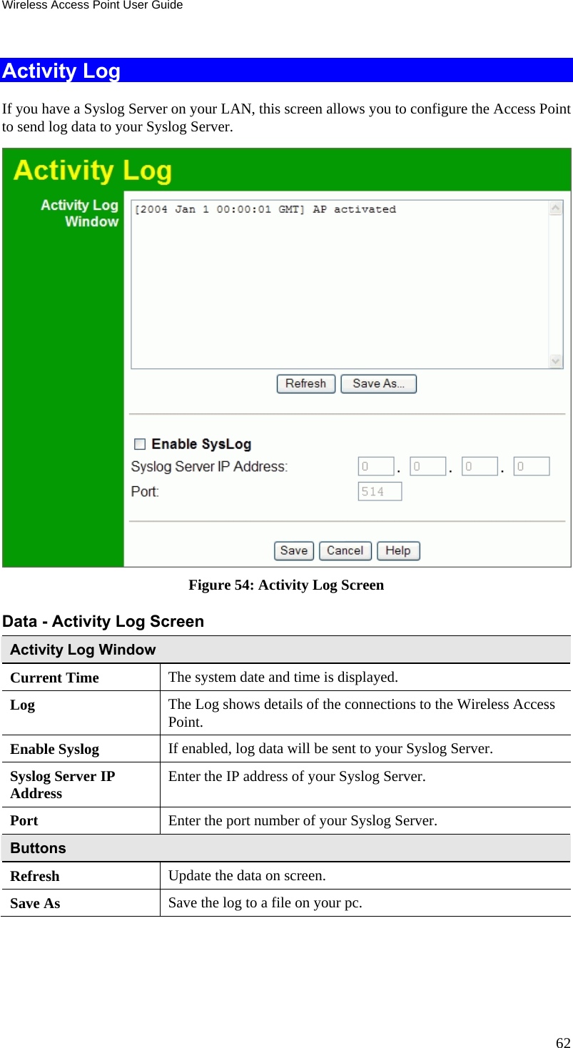 Wireless Access Point User Guide 62 Activity Log If you have a Syslog Server on your LAN, this screen allows you to configure the Access Point to send log data to your Syslog Server.  Figure 54: Activity Log Screen Data - Activity Log Screen Activity Log Window Current Time  The system date and time is displayed. Log  The Log shows details of the connections to the Wireless Access Point. Enable Syslog  If enabled, log data will be sent to your Syslog Server. Syslog Server IP Address  Enter the IP address of your Syslog Server. Port  Enter the port number of your Syslog Server. Buttons Refresh  Update the data on screen. Save As  Save the log to a file on your pc.  