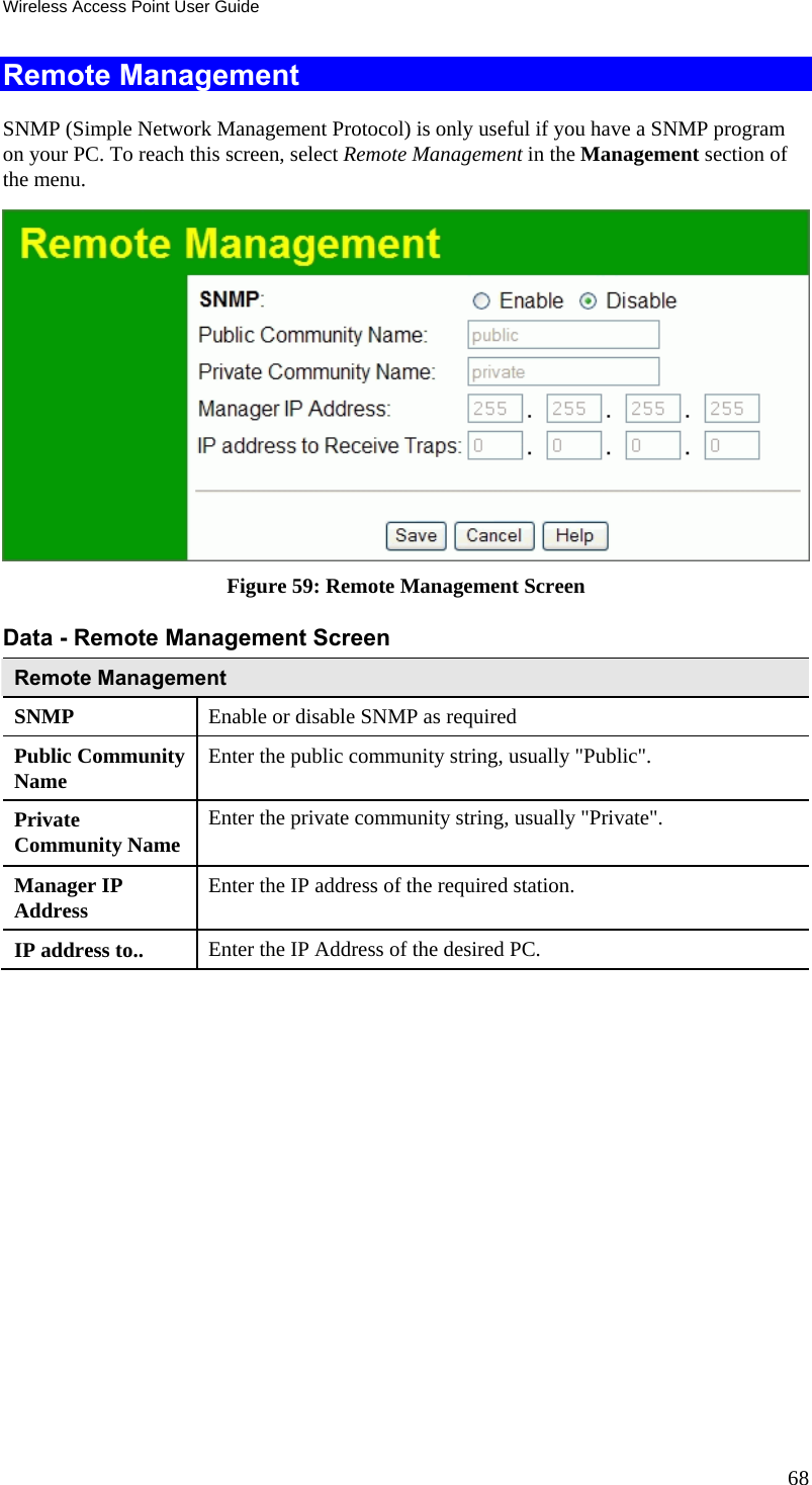 Wireless Access Point User Guide 68 Remote Management SNMP (Simple Network Management Protocol) is only useful if you have a SNMP program on your PC. To reach this screen, select Remote Management in the Management section of the menu.  Figure 59: Remote Management Screen Data - Remote Management Screen Remote Management SNMP  Enable or disable SNMP as required Public Community Name  Enter the public community string, usually &quot;Public&quot;. Private Community Name  Enter the private community string, usually &quot;Private&quot;.  Manager IP Address  Enter the IP address of the required station. IP address to..  Enter the IP Address of the desired PC.  