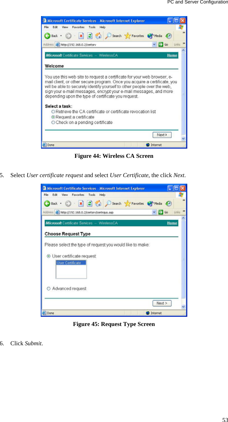 PC and Server Configuration 53  Figure 44: Wireless CA Screen  5. Select User certificate request and select User Certificate, the click Next.   Figure 45: Request Type Screen  6. Click Submit.  