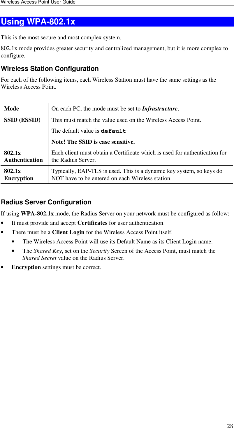 Wireless Access Point User Guide 28 Using WPA-802.1x This is the most secure and most complex system. 802.1x mode provides greater security and centralized management, but it is more complex to configure. Wireless Station Configuration For each of the following items, each Wireless Station must have the same settings as the Wireless Access Point.   Mode  On each PC, the mode must be set to Infrastructure. SSID (ESSID) This must match the value used on the Wireless Access Point. The default value is default  Note! The SSID is case sensitive. 802.1x  Authentication Each client must obtain a Certificate which is used for authentication for the Radius Server. 802.1x  Encryption Typically, EAP-TLS is used. This is a dynamic key system, so keys do NOT have to be entered on each Wireless station.  Radius Server Configuration If using WPA-802.1x mode, the Radius Server on your network must be configured as follow: • It must provide and accept Certificates for user authentication. • There must be a Client Login for the Wireless Access Point itself. • The Wireless Access Point will use its Default Name as its Client Login name. • The Shared Key, set on the Security Screen of the Access Point, must match the Shared Secret value on the Radius Server. • Encryption settings must be correct.  