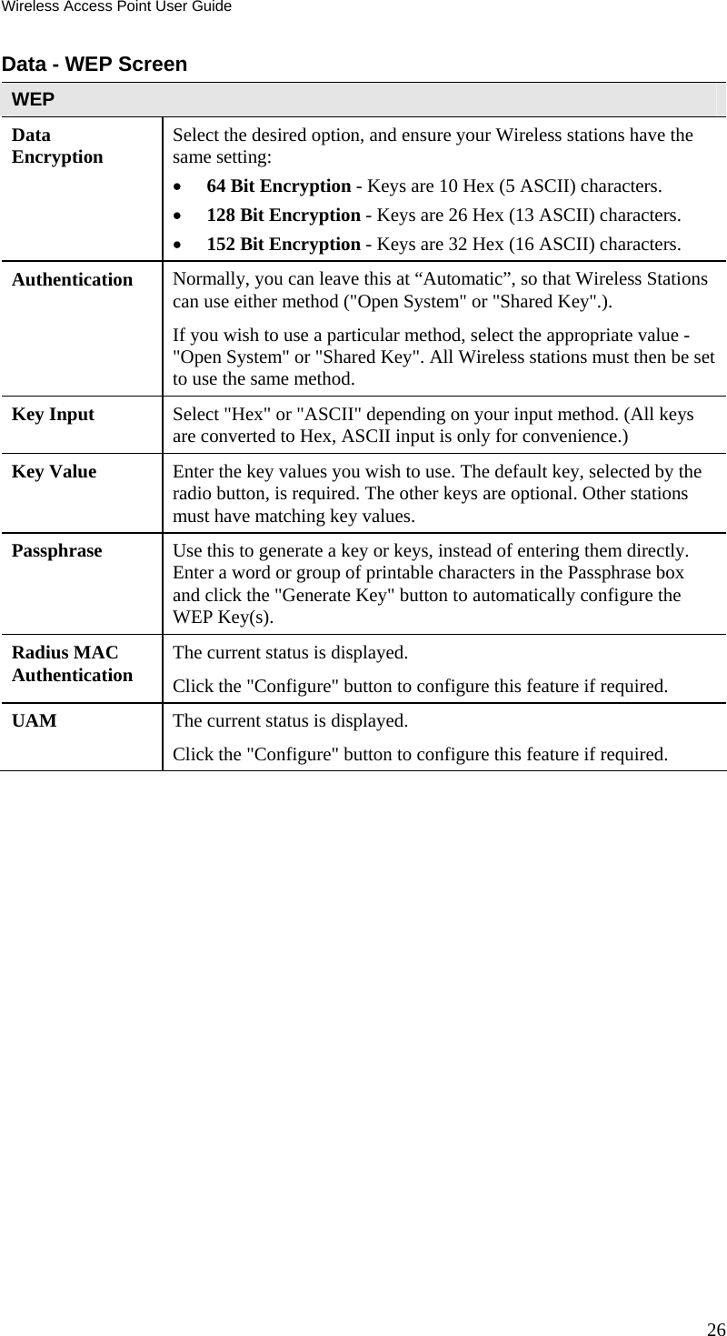 Wireless Access Point User Guide Data - WEP Screen  WEP Data Encryption  Select the desired option, and ensure your Wireless stations have the same setting: • 64 Bit Encryption - Keys are 10 Hex (5 ASCII) characters. • 128 Bit Encryption - Keys are 26 Hex (13 ASCII) characters. • 152 Bit Encryption - Keys are 32 Hex (16 ASCII) characters. Authentication   Normally, you can leave this at “Automatic”, so that Wireless Stations can use either method (&quot;Open System&quot; or &quot;Shared Key&quot;.). If you wish to use a particular method, select the appropriate value - &quot;Open System&quot; or &quot;Shared Key&quot;. All Wireless stations must then be set to use the same method. Key Input  Select &quot;Hex&quot; or &quot;ASCII&quot; depending on your input method. (All keys are converted to Hex, ASCII input is only for convenience.) Key Value  Enter the key values you wish to use. The default key, selected by the radio button, is required. The other keys are optional. Other stations must have matching key values. Passphrase  Use this to generate a key or keys, instead of entering them directly. Enter a word or group of printable characters in the Passphrase box and click the &quot;Generate Key&quot; button to automatically configure the WEP Key(s). Radius MAC  Authentication  The current status is displayed. Click the &quot;Configure&quot; button to configure this feature if required. UAM  The current status is displayed. Click the &quot;Configure&quot; button to configure this feature if required.  26 