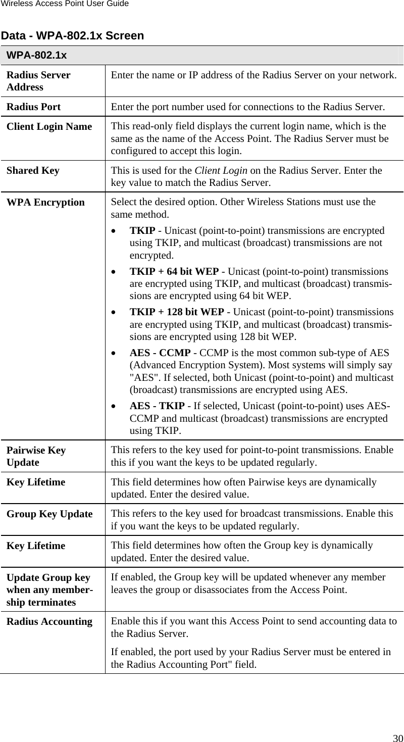 Wireless Access Point User Guide Data - WPA-802.1x Screen WPA-802.1x Radius Server  Address  Enter the name or IP address of the Radius Server on your network. Radius Port  Enter the port number used for connections to the Radius Server. Client Login Name  This read-only field displays the current login name, which is the same as the name of the Access Point. The Radius Server must be configured to accept this login. Shared Key  This is used for the Client Login on the Radius Server. Enter the key value to match the Radius Server. WPA Encryption  Select the desired option. Other Wireless Stations must use the same method. • TKIP - Unicast (point-to-point) transmissions are encrypted using TKIP, and multicast (broadcast) transmissions are not encrypted.  • TKIP + 64 bit WEP - Unicast (point-to-point) transmissions are encrypted using TKIP, and multicast (broadcast) transmis-sions are encrypted using 64 bit WEP.  • TKIP + 128 bit WEP - Unicast (point-to-point) transmissions are encrypted using TKIP, and multicast (broadcast) transmis-sions are encrypted using 128 bit WEP. • AES - CCMP - CCMP is the most common sub-type of AES (Advanced Encryption System). Most systems will simply say &quot;AES&quot;. If selected, both Unicast (point-to-point) and multicast (broadcast) transmissions are encrypted using AES. • AES - TKIP - If selected, Unicast (point-to-point) uses AES-CCMP and multicast (broadcast) transmissions are encrypted using TKIP. Pairwise Key Update  This refers to the key used for point-to-point transmissions. Enable this if you want the keys to be updated regularly. Key Lifetime  This field determines how often Pairwise keys are dynamically updated. Enter the desired value. Group Key Update  This refers to the key used for broadcast transmissions. Enable this if you want the keys to be updated regularly. Key Lifetime  This field determines how often the Group key is dynamically updated. Enter the desired value. Update Group key when any member-ship terminates If enabled, the Group key will be updated whenever any member leaves the group or disassociates from the Access Point. Radius Accounting  Enable this if you want this Access Point to send accounting data to the Radius Server.  If enabled, the port used by your Radius Server must be entered in the Radius Accounting Port&quot; field. 30 