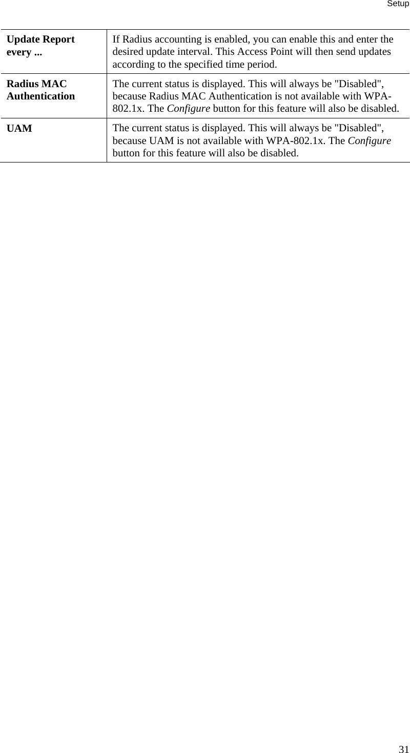 Setup Update Report every ...  If Radius accounting is enabled, you can enable this and enter the desired update interval. This Access Point will then send updates according to the specified time period. Radius MAC  Authentication  The current status is displayed. This will always be &quot;Disabled&quot;, because Radius MAC Authentication is not available with WPA-802.1x. The Configure button for this feature will also be disabled. UAM  The current status is displayed. This will always be &quot;Disabled&quot;, because UAM is not available with WPA-802.1x. The Configure button for this feature will also be disabled. 31 