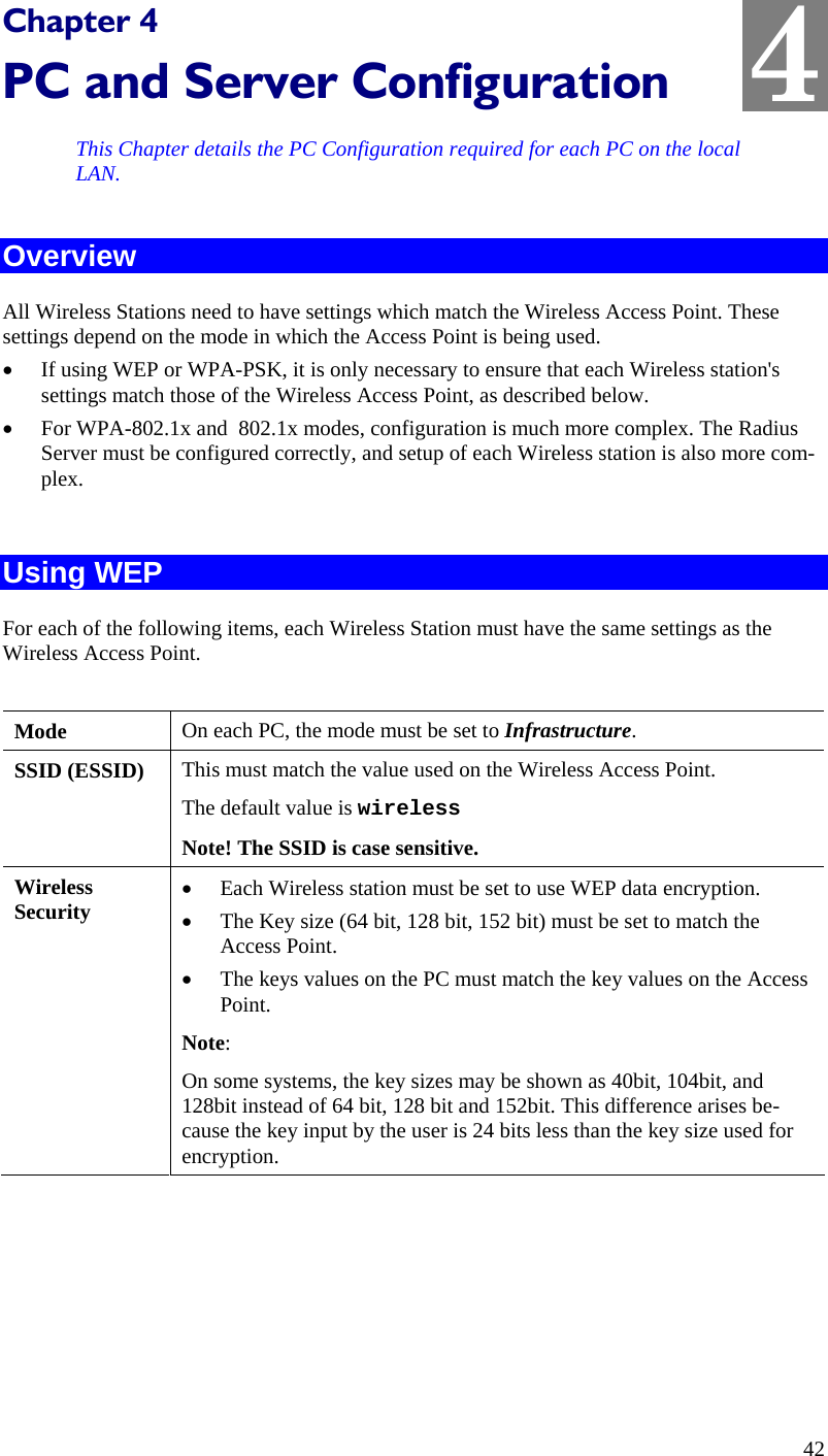  4 Chapter 4 PC and Server Configuration This Chapter details the PC Configuration required for each PC on the local LAN. Overview All Wireless Stations need to have settings which match the Wireless Access Point. These settings depend on the mode in which the Access Point is being used. • If using WEP or WPA-PSK, it is only necessary to ensure that each Wireless station&apos;s settings match those of the Wireless Access Point, as described below. • For WPA-802.1x and  802.1x modes, configuration is much more complex. The Radius Server must be configured correctly, and setup of each Wireless station is also more com-plex.  Using WEP For each of the following items, each Wireless Station must have the same settings as the Wireless Access Point.   Mode   On each PC, the mode must be set to Infrastructure. SSID (ESSID)  This must match the value used on the Wireless Access Point.  The default value is wireless Note! The SSID is case sensitive. Wireless Security • Each Wireless station must be set to use WEP data encryption. • The Key size (64 bit, 128 bit, 152 bit) must be set to match the Access Point. • The keys values on the PC must match the key values on the Access Point. Note:  On some systems, the key sizes may be shown as 40bit, 104bit, and 128bit instead of 64 bit, 128 bit and 152bit. This difference arises be-cause the key input by the user is 24 bits less than the key size used for encryption.   42 