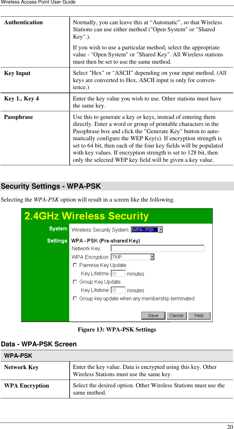 Wireless Access Point User Guide 20 Authentication  Normally, you can leave this at “Automatic”, so that Wireless Stations can use either method (&quot;Open System&quot; or &quot;Shared Key&quot;.). If you wish to use a particular method, select the appropriate value - &quot;Open System&quot; or &quot;Shared Key&quot;. All Wireless stations must then be set to use the same method. Key Input Select &quot;Hex&quot; or &quot;ASCII&quot; depending on your input method. (All keys are converted to Hex, ASCII input is only for conven-ience.) Key 1.. Key 4 Enter the key value you wish to use. Other stations must have the same key. Passphrase Use this to generate a key or keys, instead of entering them directly. Enter a word or group of printable characters in the Passphrase box and click the &quot;Generate Key&quot; button to auto-matically configure the WEP Key(s). If encryption strength is set to 64 bit, then each of the four key fields will be populated with key values. If encryption strength is set to 128 bit, then only the selected WEP key field will be given a key value.  Security Settings - WPA-PSK Selecting the WPA-PSK option will result in a screen like the following.  Figure 13: WPA-PSK Settings  Data - WPA-PSK Screen  WPA-PSK Network Key Enter the key value. Data is encrypted using this key. Other Wireless Stations must use the same key. WPA Encryption Select the desired option. Other Wireless Stations must use the same method. 