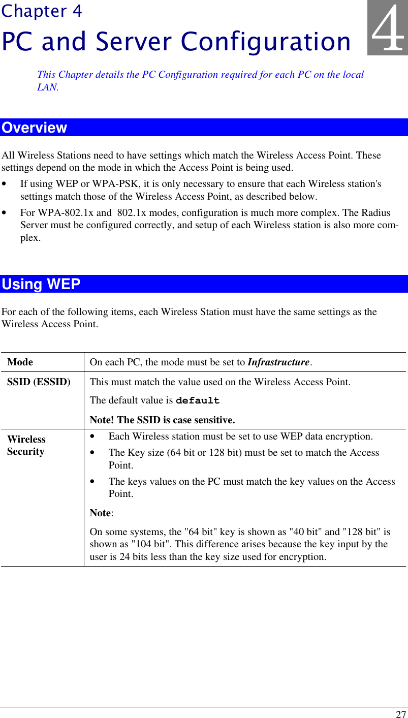  27 Chapter 4 PC and Server Configuration This Chapter details the PC Configuration required for each PC on the local LAN. Overview All Wireless Stations need to have settings which match the Wireless Access Point. These settings depend on the mode in which the Access Point is being used. • If using WEP or WPA-PSK, it is only necessary to ensure that each Wireless station&apos;s settings match those of the Wireless Access Point, as described below. • For WPA-802.1x and  802.1x modes, configuration is much more complex. The Radius Server must be configured correctly, and setup of each Wireless station is also more com-plex.  Using WEP For each of the following items, each Wireless Station must have the same settings as the Wireless Access Point.   Mode  On each PC, the mode must be set to Infrastructure. SSID (ESSID) This must match the value used on the Wireless Access Point.  The default value is default  Note! The SSID is case sensitive. Wireless Security • Each Wireless station must be set to use WEP data encryption. • The Key size (64 bit or 128 bit) must be set to match the Access Point. • The keys values on the PC must match the key values on the Access Point. Note:  On some systems, the &quot;64 bit&quot; key is shown as &quot;40 bit&quot; and &quot;128 bit&quot; is shown as &quot;104 bit&quot;. This difference arises because the key input by the user is 24 bits less than the key size used for encryption.   4 