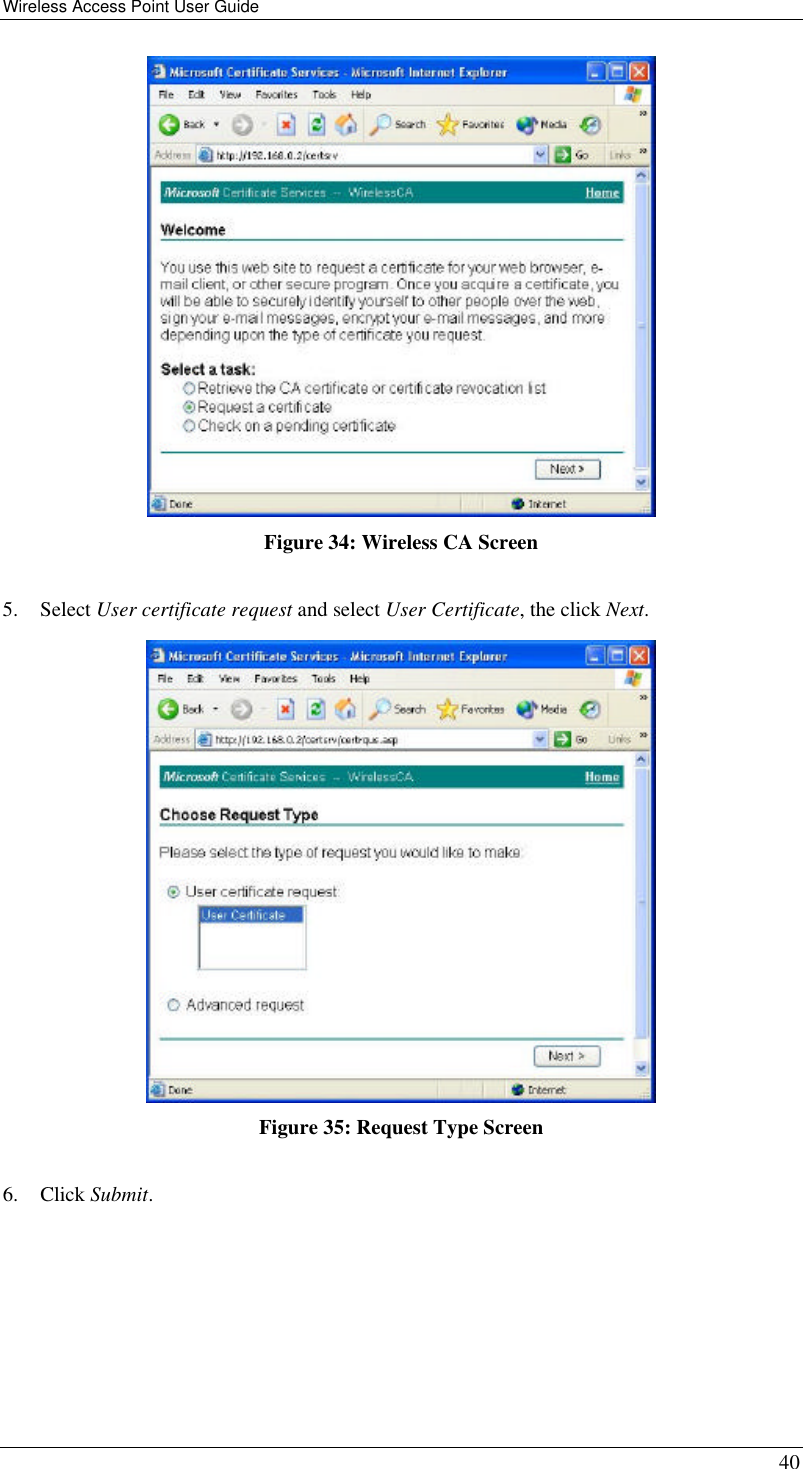 Wireless Access Point User Guide 40  Figure 34: Wireless CA Screen  5. Select User certificate request and select User Certificate, the click Next.   Figure 35: Request Type Screen  6. Click Submit.  