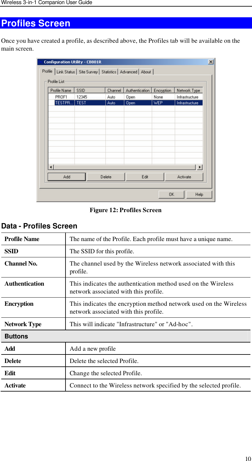Wireless 3-in-1 Companion User Guide 10 Profiles Screen Once you have created a profile, as described above, the Profiles tab will be available on the main screen.  Figure 12: Profiles Screen Data - Profiles Screen Profile Name The name of the Profile. Each profile must have a unique name. SSID The SSID for this profile. Channel No. The channel used by the Wireless network associated with this profile. Authentication This indicates the authentication method used on the Wireless network associated with this profile. Encryption This indicates the encryption method network used on the Wireless network associated with this profile. Network Type This will indicate &quot;Infrastructure&quot; or &quot;Ad-hoc&quot;. Buttons Add  Add a new profile Delete Delete the selected Profile. Edit Change the selected Profile. Activate Connect to the Wireless network specified by the selected profile.  