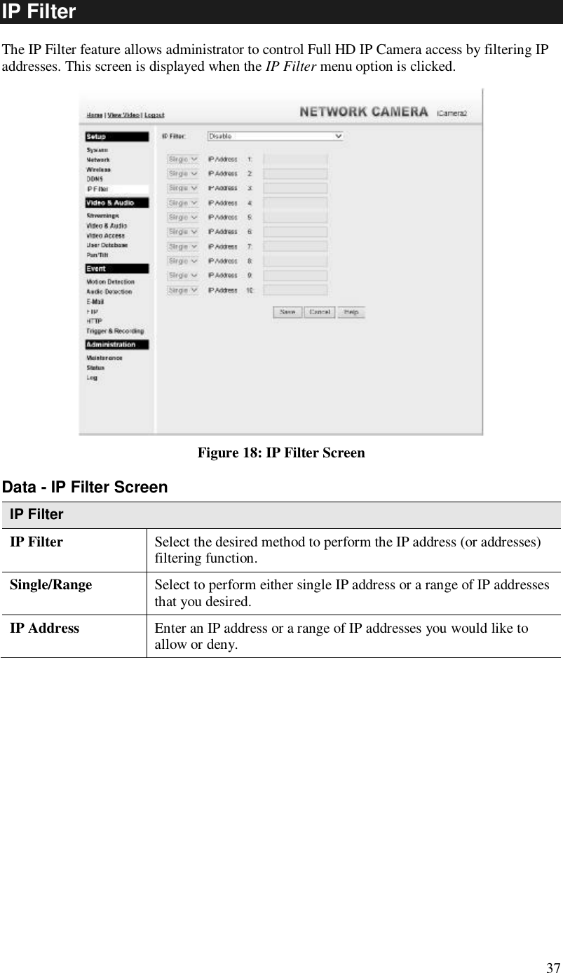  37 IP Filter The IP Filter feature allows administrator to control Full HD IP Camera access by filtering IP addresses. This screen is displayed when the IP Filter menu option is clicked.  Figure 18: IP Filter Screen Data - IP Filter Screen IP Filter IP Filter  Select the desired method to perform the IP address (or addresses) filtering function. Single/Range Select to perform either single IP address or a range of IP addresses that you desired.  IP Address  Enter an IP address or a range of IP addresses you would like to allow or deny.   