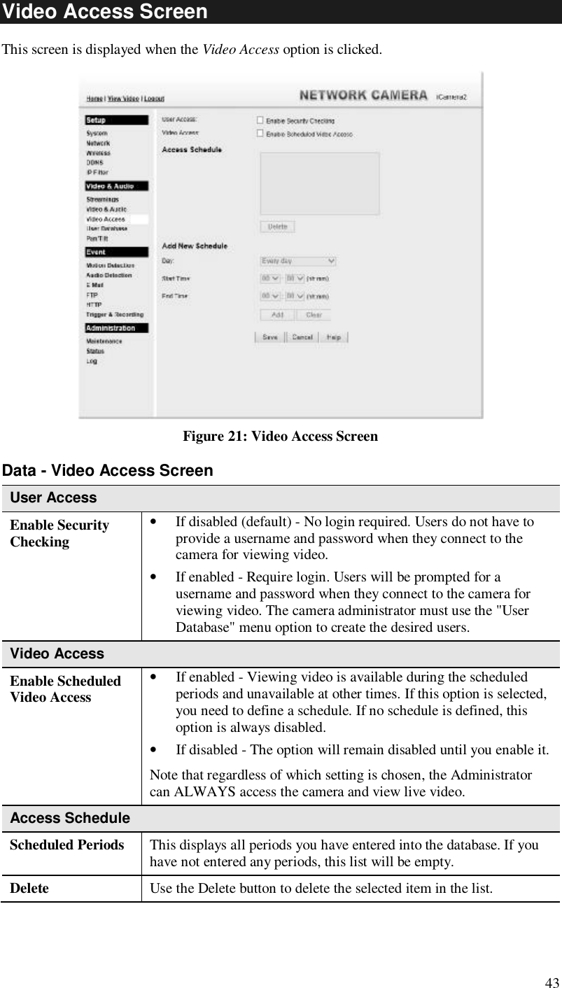  43 Video Access Screen This screen is displayed when the Video Access option is clicked.  Figure 21: Video Access Screen Data - Video Access Screen User Access Enable Security Checking • If disabled (default) - No login required. Users do not have to provide a username and password when they connect to the camera for viewing video. • If enabled - Require login. Users will be prompted for a username and password when they connect to the camera for viewing video. The camera administrator must use the &quot;User Database&quot; menu option to create the desired users. Video Access Enable Scheduled Video Access • If enabled - Viewing video is available during the scheduled periods and unavailable at other times. If this option is selected, you need to define a schedule. If no schedule is defined, this option is always disabled.  • If disabled - The option will remain disabled until you enable it. Note that regardless of which setting is chosen, the Administrator can ALWAYS access the camera and view live video. Access Schedule Scheduled Periods   This displays all periods you have entered into the database. If you have not entered any periods, this list will be empty. Delete  Use the Delete button to delete the selected item in the list. 