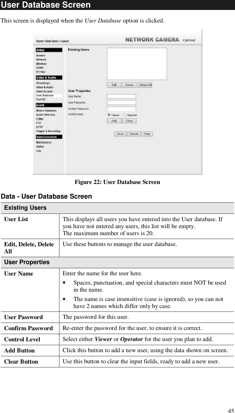  45 User Database Screen This screen is displayed when the User Database option is clicked.  Figure 22: User Database Screen Data - User Database Screen Existing Users User List  This displays all users you have entered into the User database. If you have not entered any users, this list will be empty. The maximum number of users is 20. Edit, Delete, Delete All  Use these buttons to manage the user database. User Properties User Name  Enter the name for the user here.  • Spaces, punctuation, and special characters must NOT be used in the name.  • The name is case insensitive (case is ignored), so you can not have 2 names which differ only by case. User Password  The password for this user. Confirm Password  Re-enter the password for the user, to ensure it is correct. Control Level  Select either Viewer or Operator for the user you plan to add.  Add Button  Click this button to add a new user, using the data shown on screen. Clear Button  Use this button to clear the input fields, ready to add a new user.  