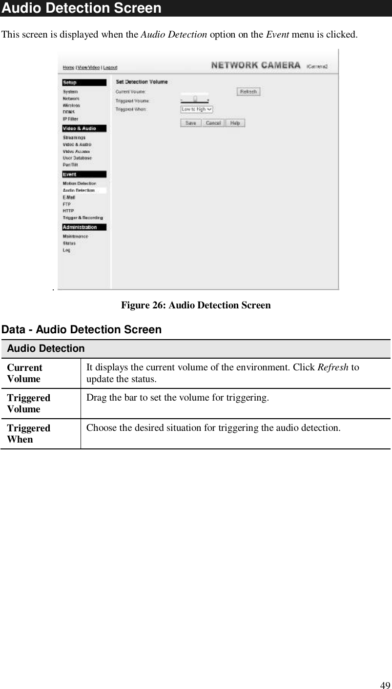  49 Audio Detection Screen This screen is displayed when the Audio Detection option on the Event menu is clicked. .   Figure 26: Audio Detection Screen Data - Audio Detection Screen Audio Detection Current Volume  It displays the current volume of the environment. Click Refresh to update the status. Triggered Volume  Drag the bar to set the volume for triggering. Triggered When  Choose the desired situation for triggering the audio detection.  