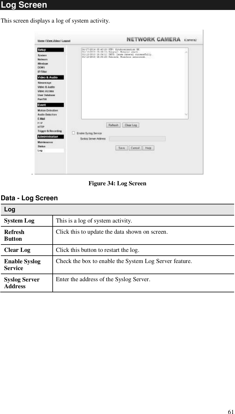  61 Log Screen This screen displays a log of system activity. .   Figure 34: Log Screen Data - Log Screen Log System Log  This is a log of system activity. Refresh Button  Click this to update the data shown on screen. Clear Log  Click this button to restart the log. Enable Syslog Service  Check the box to enable the System Log Server feature. Syslog Server Address  Enter the address of the Syslog Server.  
