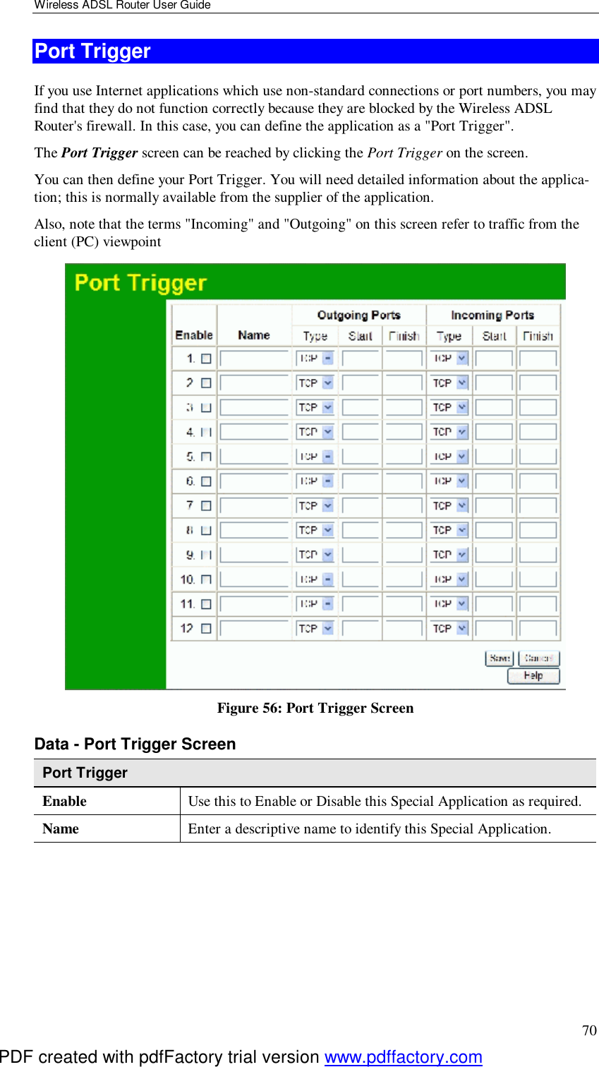 Wireless ADSL Router User Guide 70 Port Trigger If you use Internet applications which use non-standard connections or port numbers, you may find that they do not function correctly because they are blocked by the Wireless ADSL Router&apos;s firewall. In this case, you can define the application as a &quot;Port Trigger&quot;. The Port Trigger screen can be reached by clicking the Port Trigger on the screen. You can then define your Port Trigger. You will need detailed information about the applica-tion; this is normally available from the supplier of the application. Also, note that the terms &quot;Incoming&quot; and &quot;Outgoing&quot; on this screen refer to traffic from the client (PC) viewpoint  Figure 56: Port Trigger Screen Data - Port Trigger Screen Port Trigger Enable  Use this to Enable or Disable this Special Application as required. Name  Enter a descriptive name to identify this Special Application. PDF created with pdfFactory trial version www.pdffactory.com