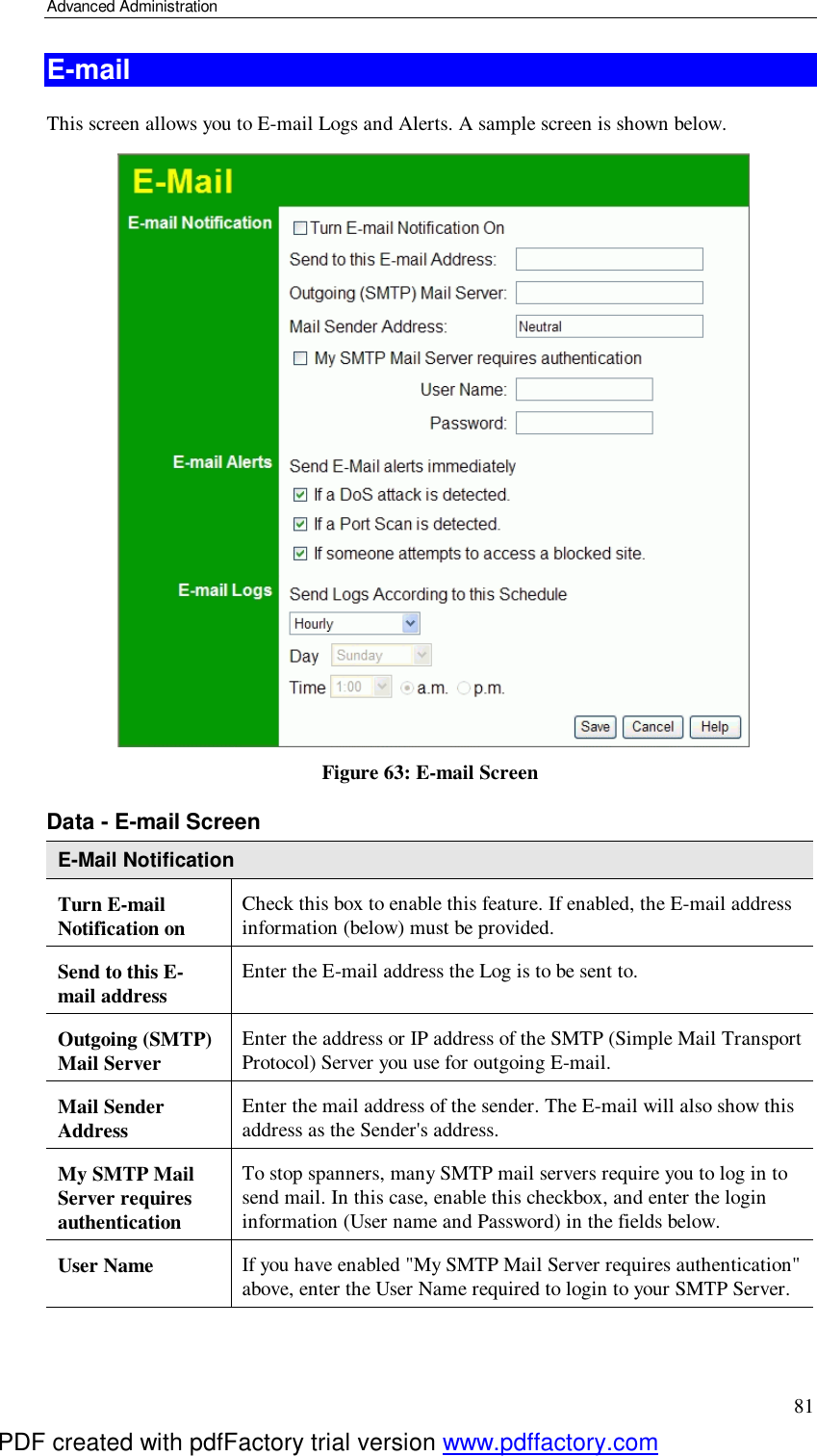 Advanced Administration 81 E-mail This screen allows you to E-mail Logs and Alerts. A sample screen is shown below.  Figure 63: E-mail Screen Data - E-mail Screen E-Mail Notification Turn E-mail Notification on  Check this box to enable this feature. If enabled, the E-mail address information (below) must be provided. Send to this E-mail address  Enter the E-mail address the Log is to be sent to.  Outgoing (SMTP) Mail Server  Enter the address or IP address of the SMTP (Simple Mail Transport Protocol) Server you use for outgoing E-mail. Mail Sender Address  Enter the mail address of the sender. The E-mail will also show this address as the Sender&apos;s address. My SMTP Mail Server requires authentication To stop spanners, many SMTP mail servers require you to log in to send mail. In this case, enable this checkbox, and enter the login information (User name and Password) in the fields below. User Name  If you have enabled &quot;My SMTP Mail Server requires authentication&quot; above, enter the User Name required to login to your SMTP Server. PDF created with pdfFactory trial version www.pdffactory.com