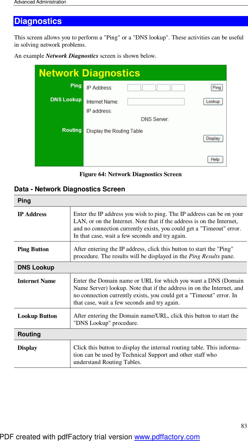 Advanced Administration 83 Diagnostics This screen allows you to perform a &quot;Ping&quot; or a &quot;DNS lookup&quot;. These activities can be useful in solving network problems. An example Network Diagnostics screen is shown below.  Figure 64: Network Diagnostics Screen Data - Network Diagnostics Screen Ping IP Address  Enter the IP address you wish to ping. The IP address can be on your LAN, or on the Internet. Note that if the address is on the Internet, and no connection currently exists, you could get a &quot;Timeout&quot; error. In that case, wait a few seconds and try again. Ping Button  After entering the IP address, click this button to start the &quot;Ping&quot; procedure. The results will be displayed in the Ping Results pane. DNS Lookup Internet Name  Enter the Domain name or URL for which you want a DNS (Domain Name Server) lookup. Note that if the address in on the Internet, and no connection currently exists, you could get a &quot;Timeout&quot; error. In that case, wait a few seconds and try again. Lookup Button  After entering the Domain name/URL, click this button to start the &quot;DNS Lookup&quot; procedure. Routing Display  Click this button to display the internal routing table. This informa-tion can be used by Technical Support and other staff who understand Routing Tables.   PDF created with pdfFactory trial version www.pdffactory.com