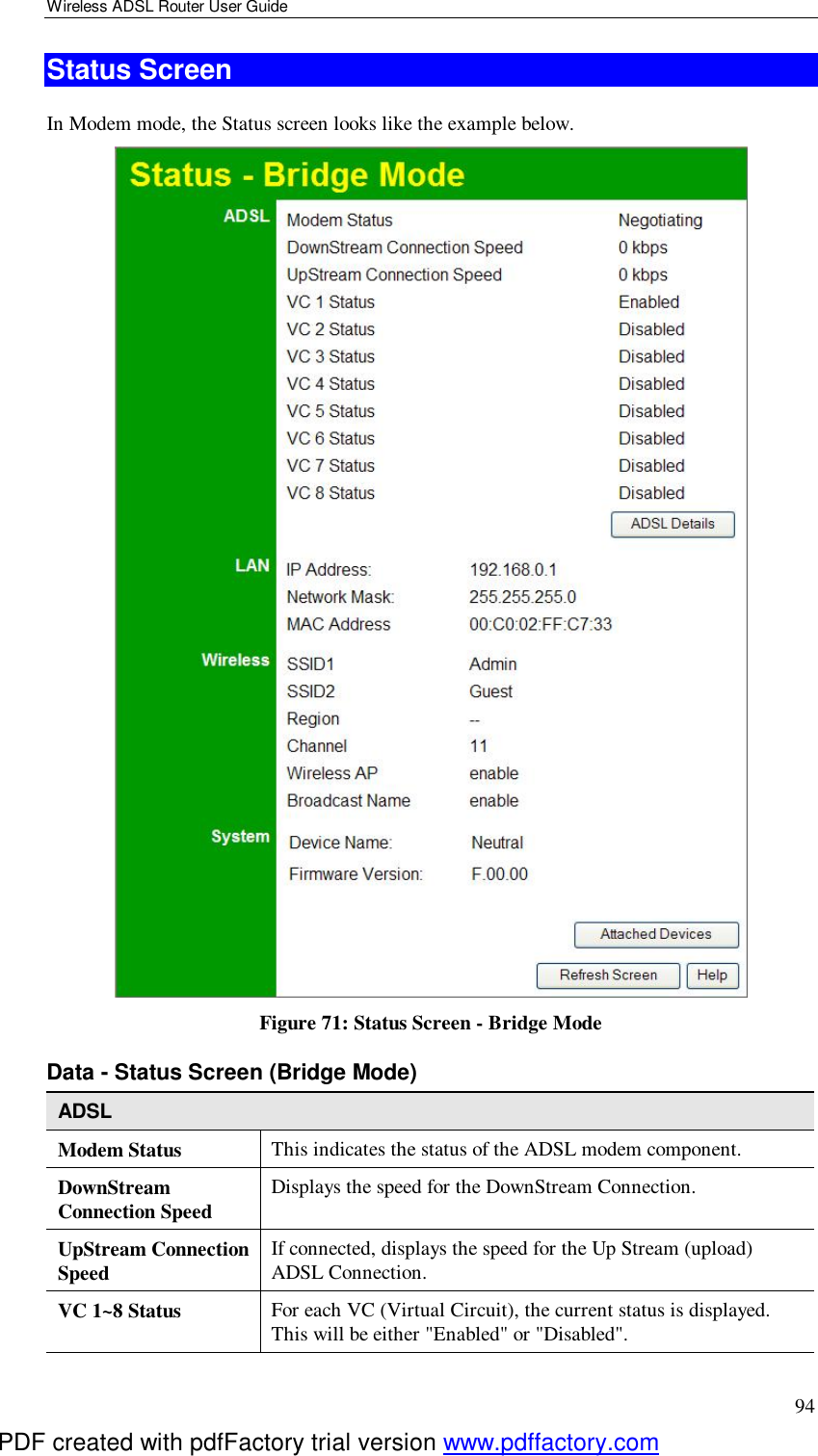 Wireless ADSL Router User Guide 94 Status Screen In Modem mode, the Status screen looks like the example below.  Figure 71: Status Screen - Bridge Mode Data - Status Screen (Bridge Mode) ADSL Modem Status  This indicates the status of the ADSL modem component. DownStream Connection Speed  Displays the speed for the DownStream Connection. UpStream Connection Speed  If connected, displays the speed for the Up Stream (upload) ADSL Connection. VC 1~8 Status  For each VC (Virtual Circuit), the current status is displayed. This will be either &quot;Enabled&quot; or &quot;Disabled&quot;.  PDF created with pdfFactory trial version www.pdffactory.com