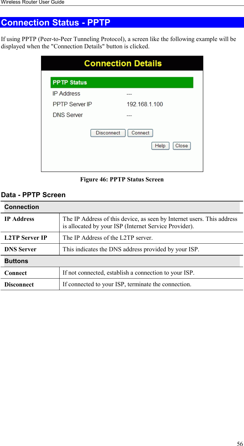 Wireless Router User Guide 56 Connection Status - PPTP  If using PPTP (Peer-to-Peer Tunneling Protocol), a screen like the following example will be displayed when the &quot;Connection Details&quot; button is clicked.  Figure 46: PPTP Status Screen Data - PPTP Screen Connection IP Address  The IP Address of this device, as seen by Internet users. This address is allocated by your ISP (Internet Service Provider). L2TP Server IP  The IP Address of the L2TP server. DNS Server  This indicates the DNS address provided by your ISP.  Buttons Connect  If not connected, establish a connection to your ISP. Disconnect  If connected to your ISP, terminate the connection.   