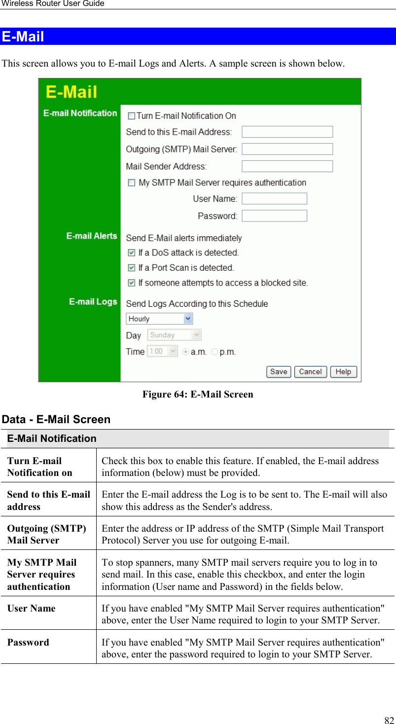 Wireless Router User Guide 82 E-Mail This screen allows you to E-mail Logs and Alerts. A sample screen is shown below.  Figure 64: E-Mail Screen Data - E-Mail Screen E-Mail Notification Turn E-mail Notification on Check this box to enable this feature. If enabled, the E-mail address information (below) must be provided. Send to this E-mail address Enter the E-mail address the Log is to be sent to. The E-mail will also show this address as the Sender&apos;s address. Outgoing (SMTP) Mail Server Enter the address or IP address of the SMTP (Simple Mail Transport Protocol) Server you use for outgoing E-mail. My SMTP Mail Server requires authentication To stop spanners, many SMTP mail servers require you to log in to send mail. In this case, enable this checkbox, and enter the login information (User name and Password) in the fields below. User Name  If you have enabled &quot;My SMTP Mail Server requires authentication&quot; above, enter the User Name required to login to your SMTP Server. Password  If you have enabled &quot;My SMTP Mail Server requires authentication&quot; above, enter the password required to login to your SMTP Server. 