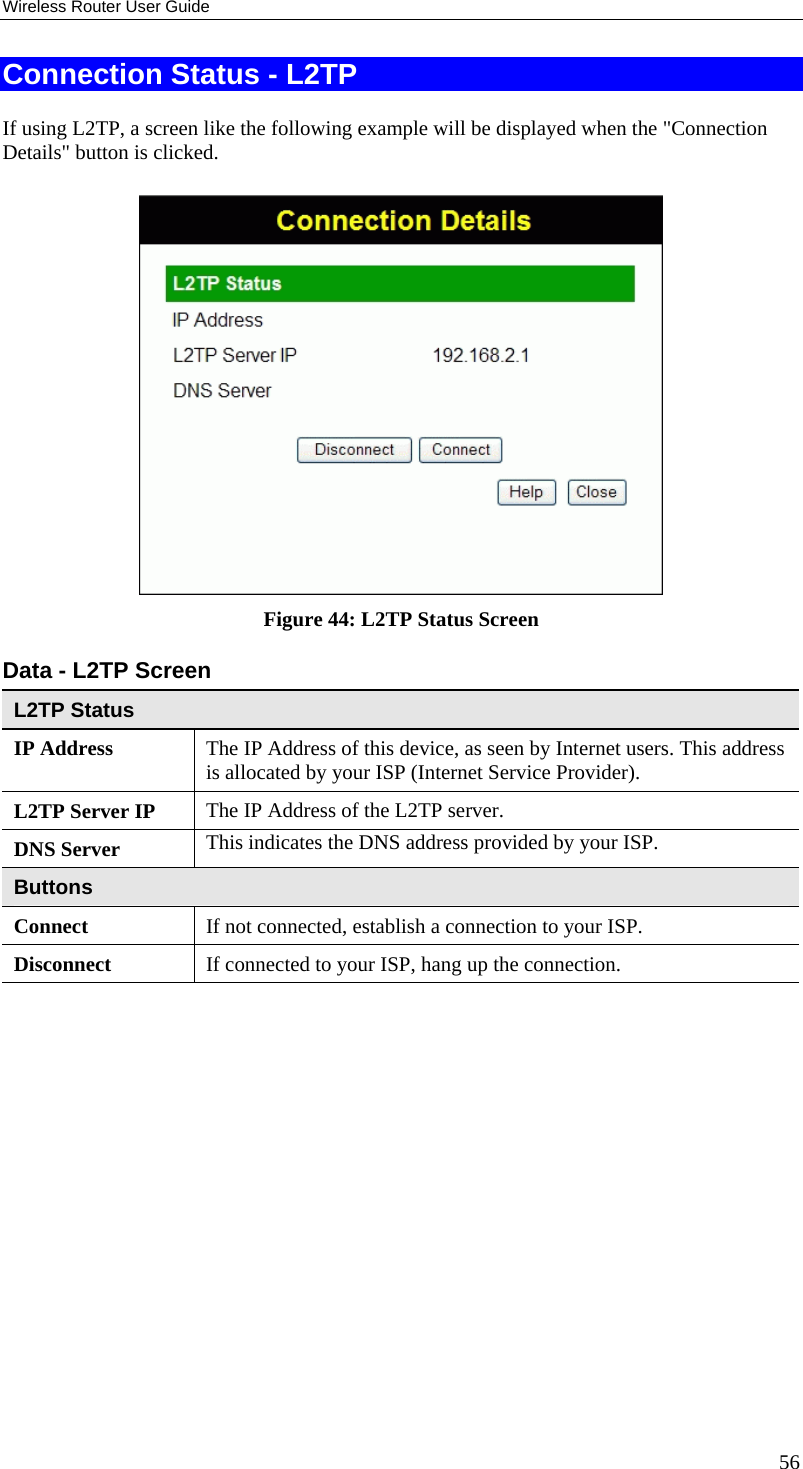 Wireless Router User Guide Connection Status - L2TP If using L2TP, a screen like the following example will be displayed when the &quot;Connection Details&quot; button is clicked.  Figure 44: L2TP Status Screen Data - L2TP Screen L2TP Status IP Address  The IP Address of this device, as seen by Internet users. This address is allocated by your ISP (Internet Service Provider). L2TP Server IP  The IP Address of the L2TP server. DNS Server  This indicates the DNS address provided by your ISP.  Buttons Connect  If not connected, establish a connection to your ISP. Disconnect  If connected to your ISP, hang up the connection.  56 