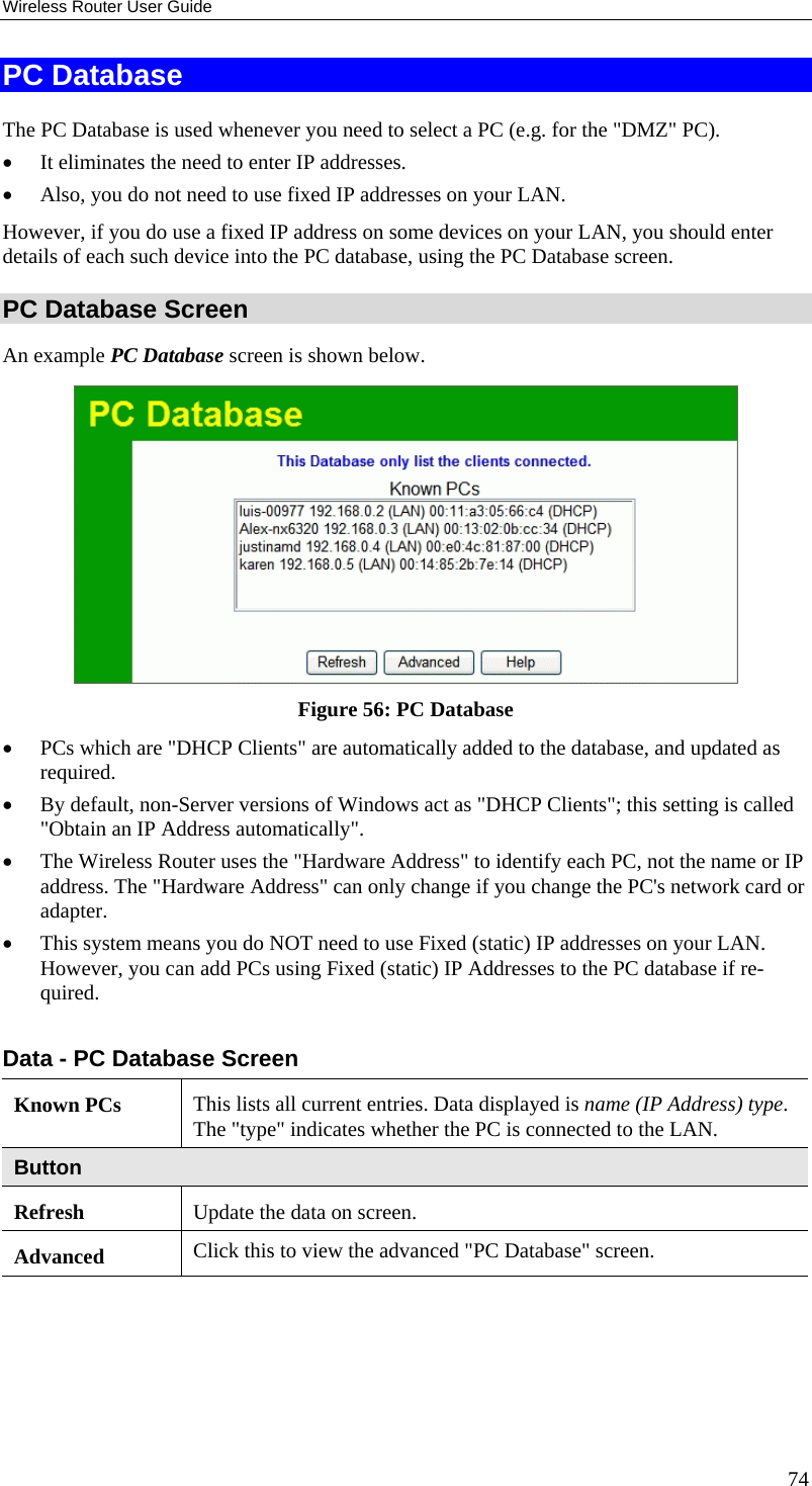 Wireless Router User Guide PC Database The PC Database is used whenever you need to select a PC (e.g. for the &quot;DMZ&quot; PC).  •  It eliminates the need to enter IP addresses.  •  Also, you do not need to use fixed IP addresses on your LAN. However, if you do use a fixed IP address on some devices on your LAN, you should enter details of each such device into the PC database, using the PC Database screen. PC Database Screen An example PC Database screen is shown below.  Figure 56: PC Database  •  PCs which are &quot;DHCP Clients&quot; are automatically added to the database, and updated as required. •  By default, non-Server versions of Windows act as &quot;DHCP Clients&quot;; this setting is called &quot;Obtain an IP Address automatically&quot;. •  The Wireless Router uses the &quot;Hardware Address&quot; to identify each PC, not the name or IP address. The &quot;Hardware Address&quot; can only change if you change the PC&apos;s network card or adapter. •  This system means you do NOT need to use Fixed (static) IP addresses on your LAN. However, you can add PCs using Fixed (static) IP Addresses to the PC database if re-quired.  Data - PC Database Screen Known PCs  This lists all current entries. Data displayed is name (IP Address) type. The &quot;type&quot; indicates whether the PC is connected to the LAN. Button Refresh  Update the data on screen. Advanced   Click this to view the advanced &quot;PC Database&quot; screen.  74 