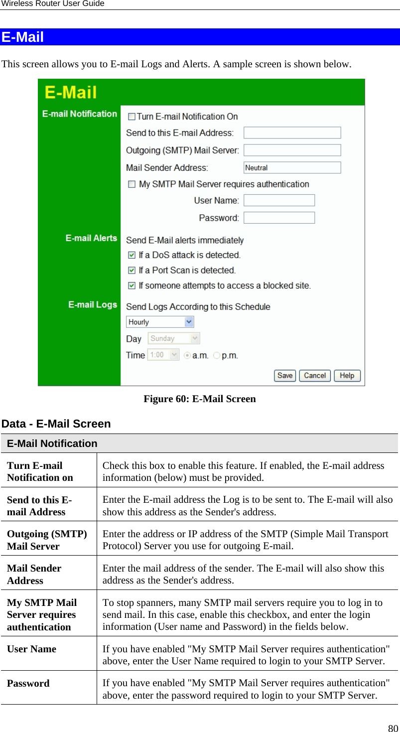 Wireless Router User Guide E-Mail This screen allows you to E-mail Logs and Alerts. A sample screen is shown below.  Figure 60: E-Mail Screen Data - E-Mail Screen E-Mail Notification Turn E-mail Notification on  Check this box to enable this feature. If enabled, the E-mail address information (below) must be provided. Send to this E-mail Address  Enter the E-mail address the Log is to be sent to. The E-mail will also show this address as the Sender&apos;s address. Outgoing (SMTP) Mail Server  Enter the address or IP address of the SMTP (Simple Mail Transport Protocol) Server you use for outgoing E-mail. Mail Sender Address  Enter the mail address of the sender. The E-mail will also show this address as the Sender&apos;s address. My SMTP Mail Server requires authentication To stop spanners, many SMTP mail servers require you to log in to send mail. In this case, enable this checkbox, and enter the login information (User name and Password) in the fields below. User Name  If you have enabled &quot;My SMTP Mail Server requires authentication&quot; above, enter the User Name required to login to your SMTP Server. Password  If you have enabled &quot;My SMTP Mail Server requires authentication&quot; above, enter the password required to login to your SMTP Server. 80 