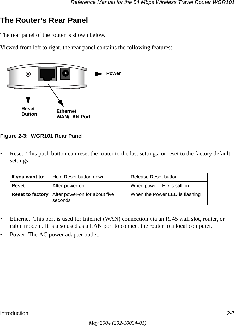 Reference Manual for the 54 Mbps Wireless Travel Router WGR101Introduction 2-7May 2004 (202-10034-01)The Router’s Rear PanelThe rear panel of the router is shown below.Viewed from left to right, the rear panel contains the following features:Figure 2-3:  WGR101 Rear Panel• Reset: This push button can reset the router to the last settings, or reset to the factory default settings.• Ethernet: This port is used for Internet (WAN) connection via an RJ45 wall slot, router, or cable modem. It is also used as a LAN port to connect the router to a local computer.• Power: The AC power adapter outlet.If you want to: Hold Reset button down Release Reset buttonReset After power-on When power LED is still onReset to factory After power-on for about five seconds When the Power LED is flashingPowerEthernetResetWAN/LAN PortButton