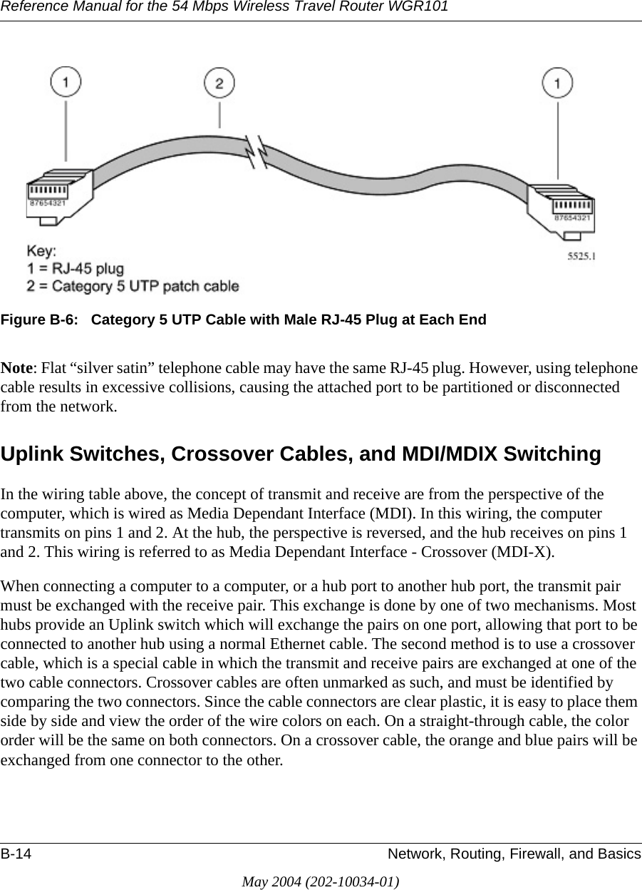 Reference Manual for the 54 Mbps Wireless Travel Router WGR101B-14 Network, Routing, Firewall, and BasicsMay 2004 (202-10034-01)Figure B-6:   Category 5 UTP Cable with Male RJ-45 Plug at Each EndNote: Flat “silver satin” telephone cable may have the same RJ-45 plug. However, using telephone cable results in excessive collisions, causing the attached port to be partitioned or disconnected from the network.Uplink Switches, Crossover Cables, and MDI/MDIX SwitchingIn the wiring table above, the concept of transmit and receive are from the perspective of the computer, which is wired as Media Dependant Interface (MDI). In this wiring, the computer transmits on pins 1 and 2. At the hub, the perspective is reversed, and the hub receives on pins 1 and 2. This wiring is referred to as Media Dependant Interface - Crossover (MDI-X). When connecting a computer to a computer, or a hub port to another hub port, the transmit pair must be exchanged with the receive pair. This exchange is done by one of two mechanisms. Most hubs provide an Uplink switch which will exchange the pairs on one port, allowing that port to be connected to another hub using a normal Ethernet cable. The second method is to use a crossover cable, which is a special cable in which the transmit and receive pairs are exchanged at one of the two cable connectors. Crossover cables are often unmarked as such, and must be identified by comparing the two connectors. Since the cable connectors are clear plastic, it is easy to place them side by side and view the order of the wire colors on each. On a straight-through cable, the color order will be the same on both connectors. On a crossover cable, the orange and blue pairs will be exchanged from one connector to the other.