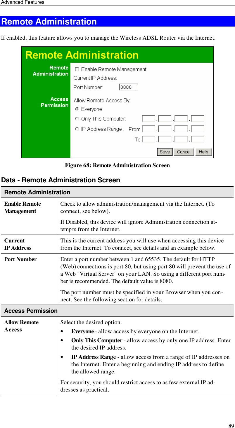 Advanced Features 89 Remote Administration If enabled, this feature allows you to manage the Wireless ADSL Router via the Internet.      Figure 68: Remote Administration Screen Data - Remote Administration Screen Remote Administration Enable Remote Management Check to allow administration/management via the Internet. (To connect, see below).  If Disabled, this device will ignore Administration connection at-temp ts from the Internet. Current  IP Address This is the current address you will use when accessing this device from the Internet. To connect, see details and an example below. Port Number Enter a port number between 1 and 65535. The default for HTTP (Web) connections is port 80, but using port 80 will prevent the use of a Web &quot;Virtual Server&quot; on your LAN. So using a different port num-ber is recommended. The default value is 8080.  The port number must be specified in your Browser when you con-nect. See the following section for details. Access Permission Allow Remote Access Select the desired option.  • Everyone - allow access by everyone on the Internet.  • Only This Computer - allow access by only one IP address. Enter the desired IP address.  • IP Address Range - allow access from a range of IP addresses on the Internet. Enter a beginning and ending IP address to define the allowed range.  For security, you should restrict access to as few external IP ad-dresses as practical.  