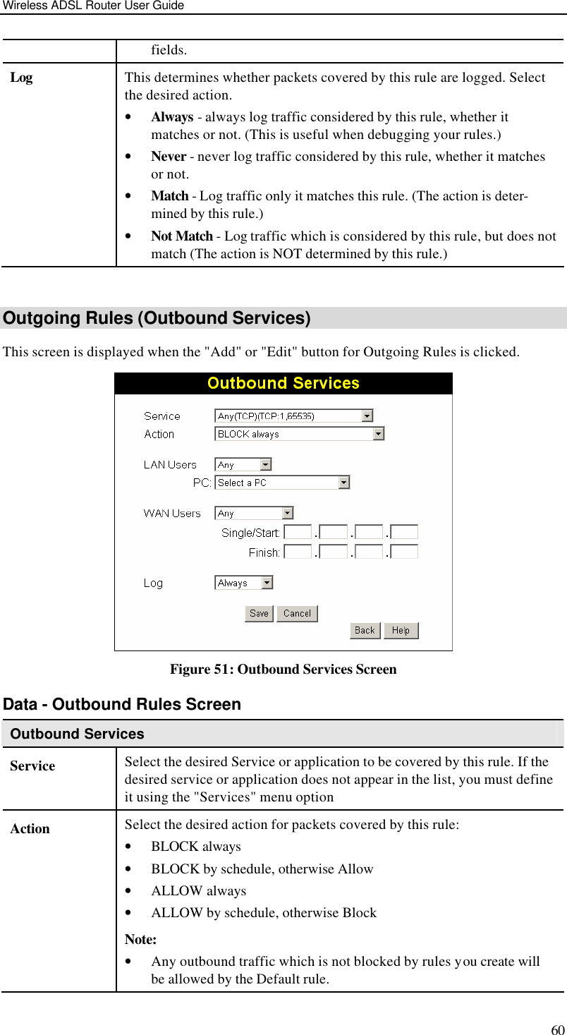 Wireless ADSL Router User Guide 60 fields. Log This determines whether packets covered by this rule are logged. Select the desired action.  • Always - always log traffic considered by this rule, whether it matches or not. (This is useful when debugging your rules.)  • Never - never log traffic considered by this rule, whether it matches or not.  • Match - Log traffic only it matches this rule. (The action is deter-mined by this rule.)  • Not Match - Log traffic which is considered by this rule, but does not match (The action is NOT determined by this rule.)  Outgoing Rules (Outbound Services) This screen is displayed when the &quot;Add&quot; or &quot;Edit&quot; button for Outgoing Rules is clicked.  Figure 51: Outbound Services Screen Data - Outbound Rules Screen Outbound Services Service Select the desired Service or application to be covered by this rule. If the desired service or application does not appear in the list, you must define it using the &quot;Services&quot; menu option Action Select the desired action for packets covered by this rule:  • BLOCK always  • BLOCK by schedule, otherwise Allow  • ALLOW always  • ALLOW by schedule, otherwise Block  Note:  • Any outbound traffic which is not blocked by rules you create will be allowed by the Default rule.  