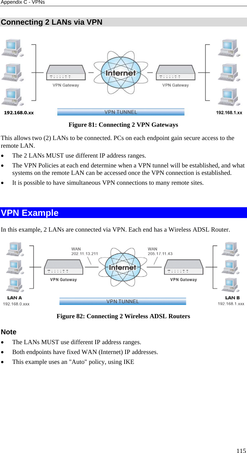 Appendix C - VPNs Connecting 2 LANs via VPN  Figure 81: Connecting 2 VPN Gateways This allows two (2) LANs to be connected. PCs on each endpoint gain secure access to the remote LAN. •  The 2 LANs MUST use different IP address ranges.  •  The VPN Policies at each end determine when a VPN tunnel will be established, and what systems on the remote LAN can be accessed once the VPN connection is established. •  It is possible to have simultaneous VPN connections to many remote sites.  VPN Example In this example, 2 LANs are connected via VPN. Each end has a Wireless ADSL Router.  Figure 82: Connecting 2 Wireless ADSL Routers  Note •  The LANs MUST use different IP address ranges. •  Both endpoints have fixed WAN (Internet) IP addresses. •  This example uses an &quot;Auto&quot; policy, using IKE 115 